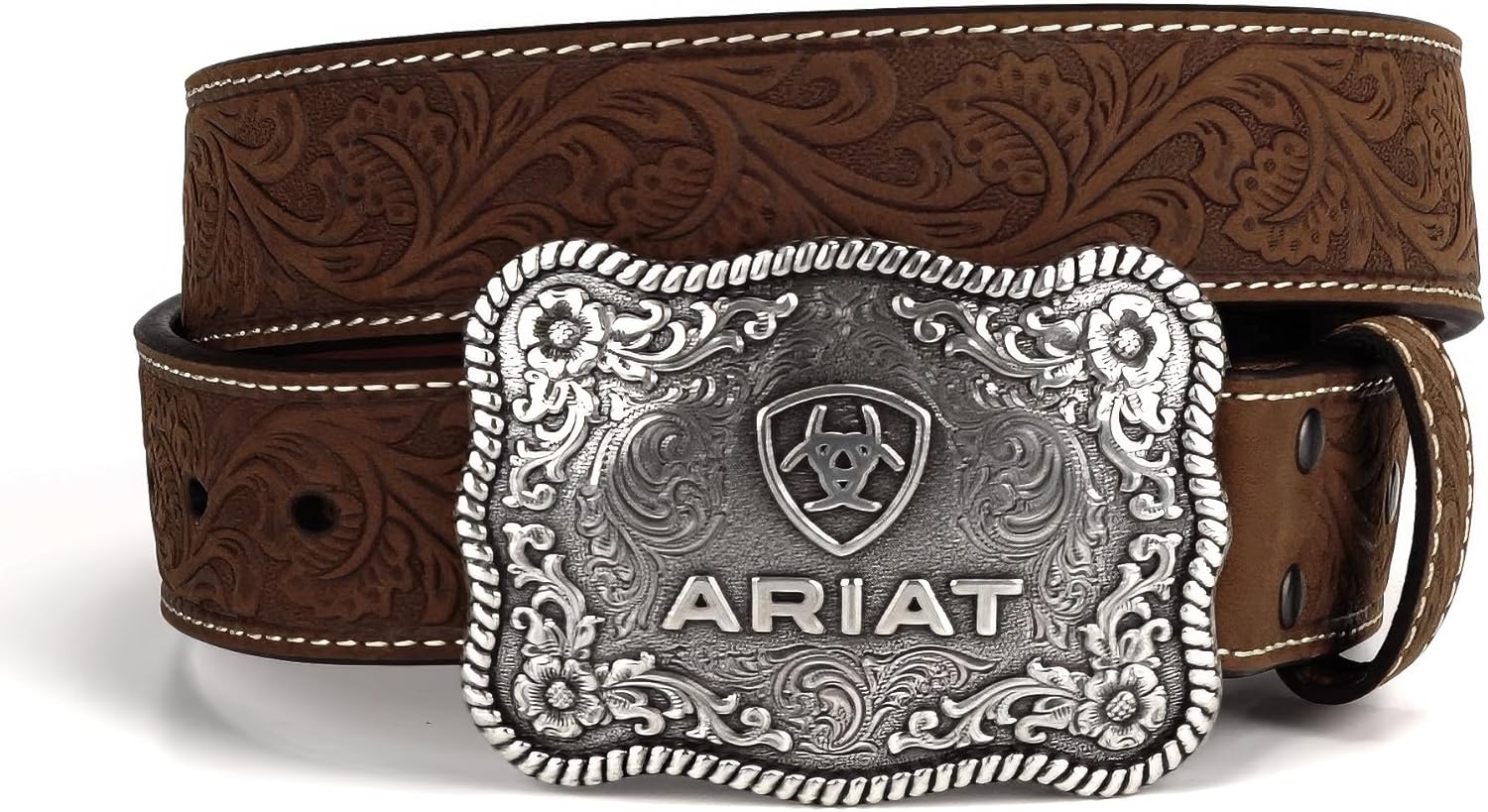 ARIAT Men’s Genuine Aged Bark Leather Belt w/Floral Embossed with Antique Silver Logo Buckle ARIAT Men’s Genuine Aged Bark Leather Belt w/Floral Embossed with Antique Silver Logo Buckle