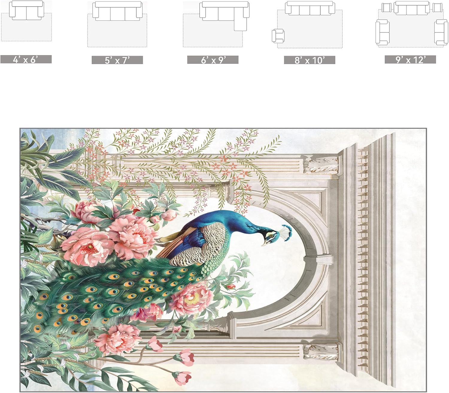 Peacock Area Rug, Soft Machine Washable 5x7 Rug Non - Slip, Durable, Low Pile, Victorian Tropical Style Large Rug, Tropical Cottage Floor Mat for Bedroom, Living Room