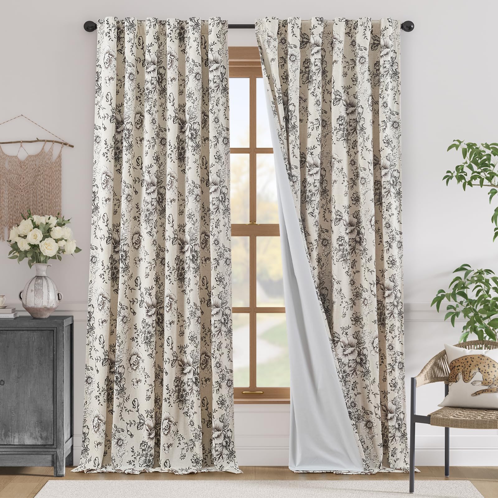 jinchan Lined Linen Curtains Floral Curtains for Living Room 96 Inches Long Black Peony Flower Printed Curtains Rod Pocket Back Tab Farmhouse Patterned Drapes Bedroom Window Curtains Set 2 Panels