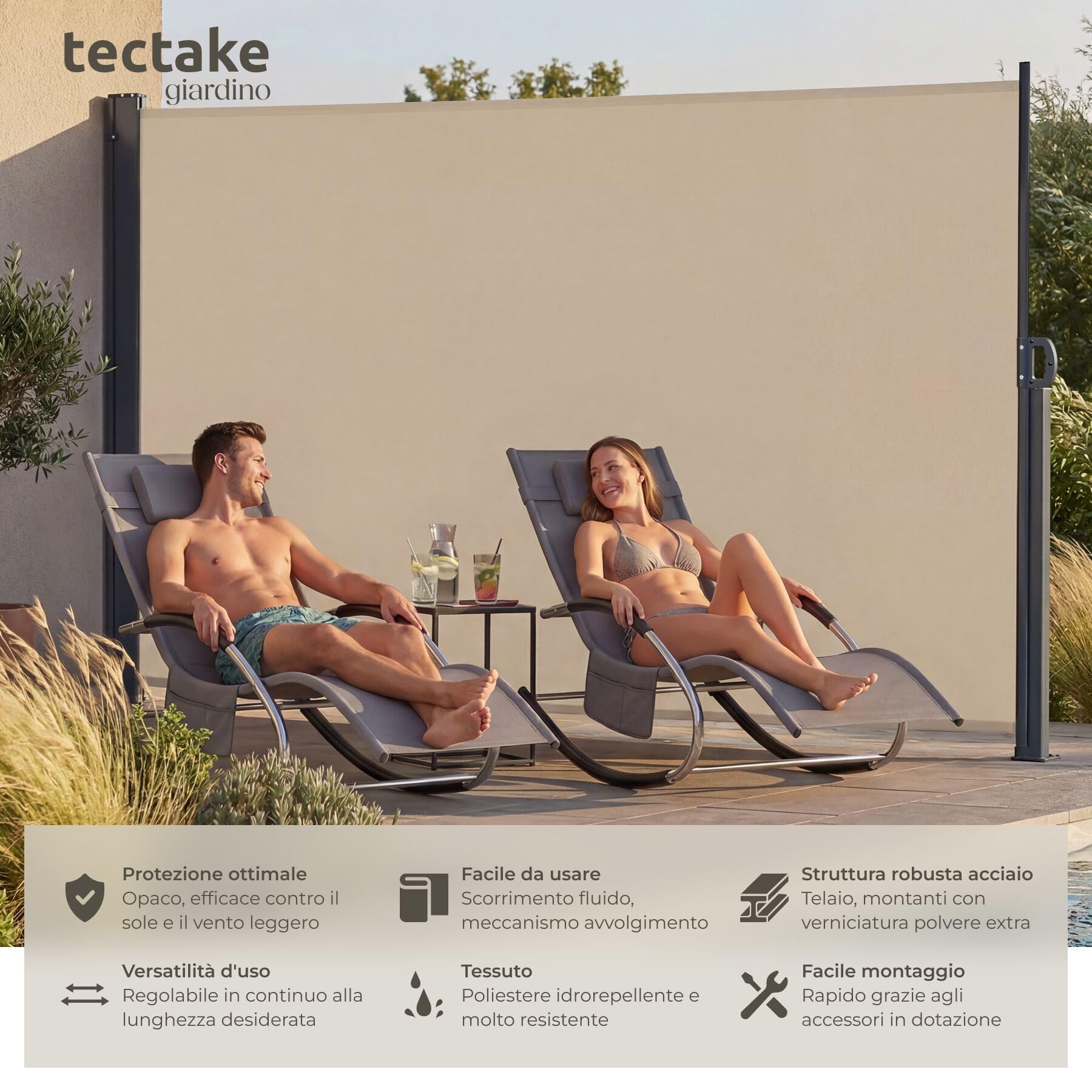 Tectake Tenda Laterale Avvolgibile Estensibile 300 x 200 cm Paravento Esterno Acciaio Beige