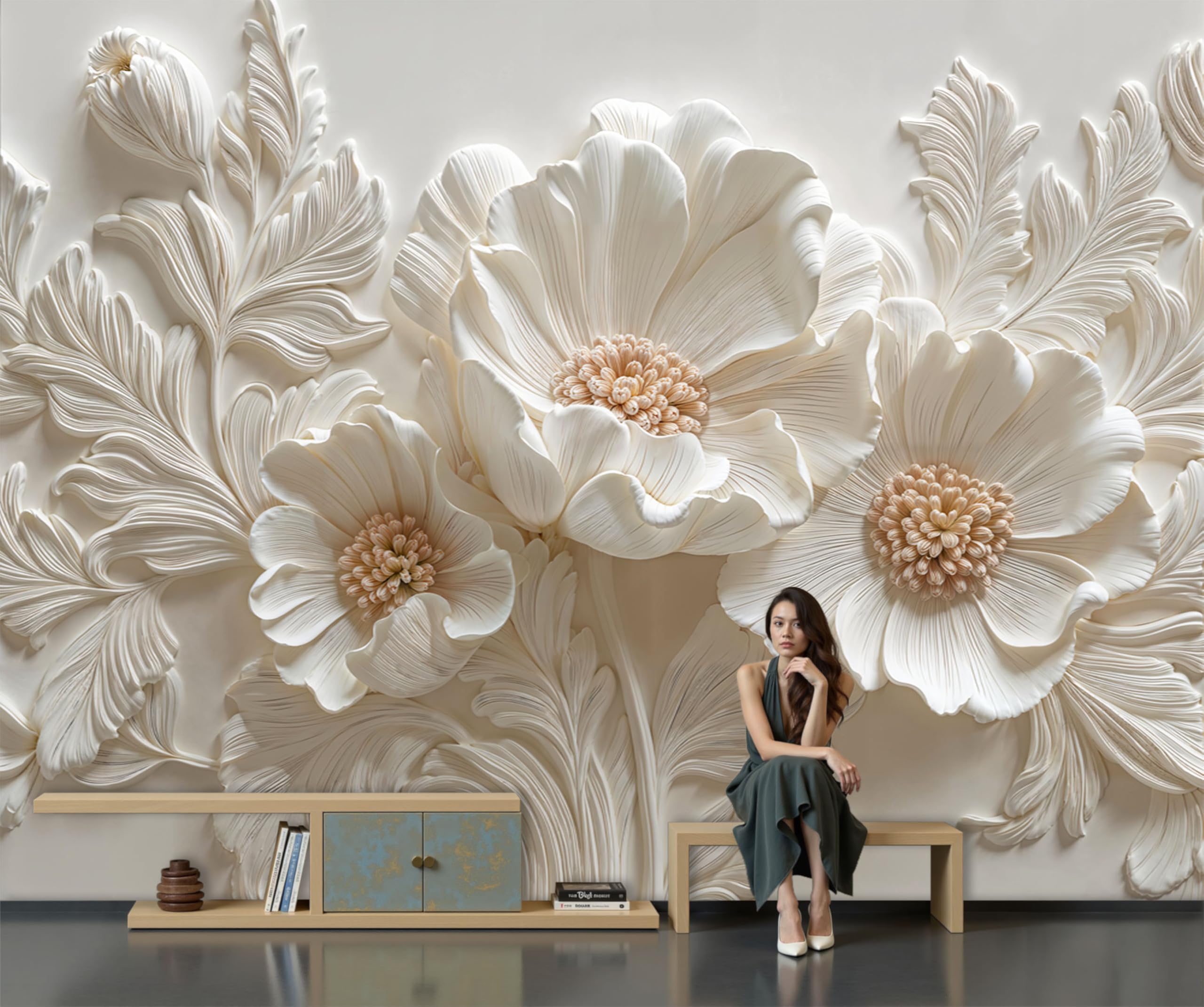 3D Carta Da Parati Panoramica Fiori E Foglie In Gesso, 350x256cm Carta Da Parati in Seta Arte Del Rilievo Classica, Decorazioni Murali per Camera, Soggiorno, Poster Xxl Da Parete Grande Affiche