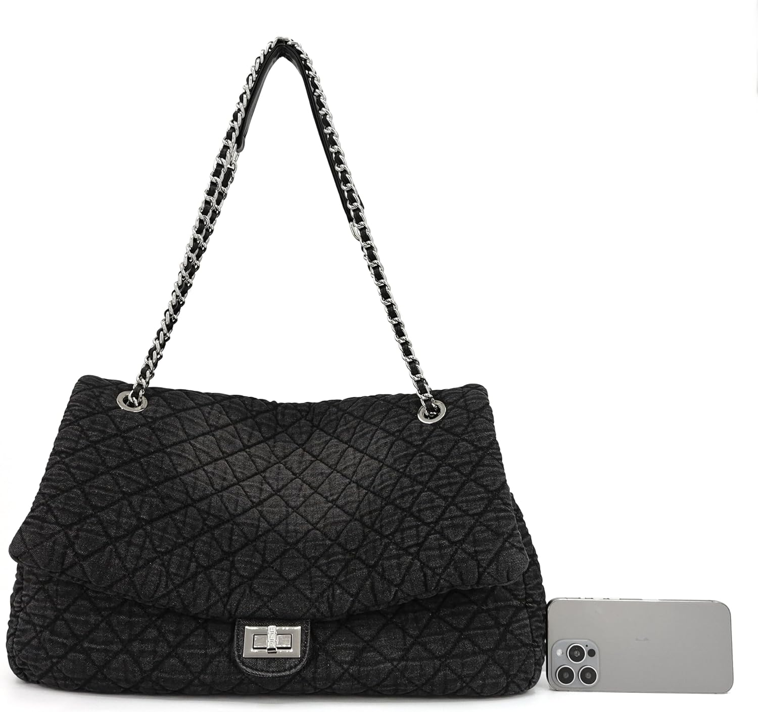 Extra Large Quilted Denim Purse,Oversize Shoulder Bags for Women, Crossbody Flap Hobo Tote Bag,Chain Strap Jean Purse - Image 8