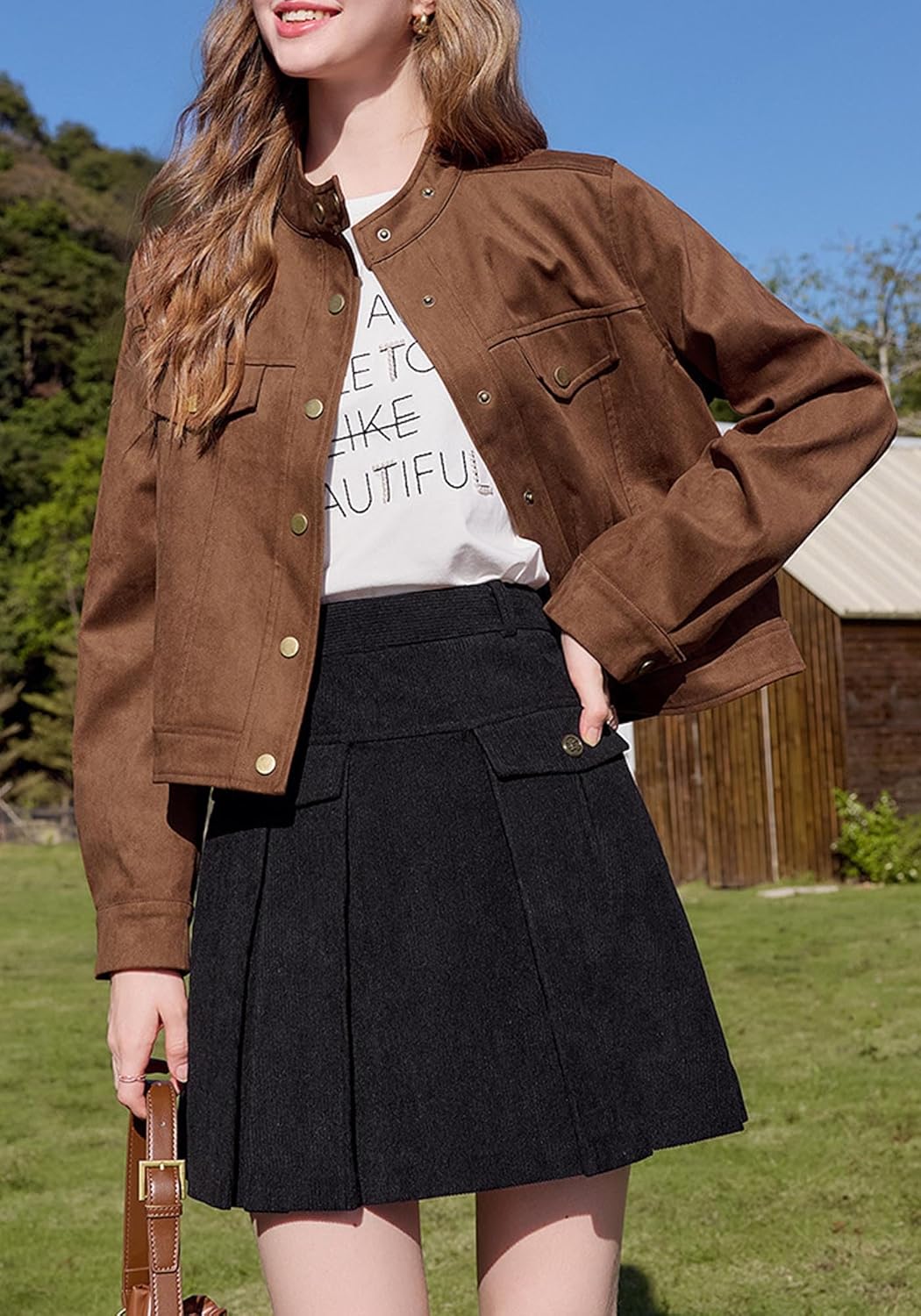 Babalet Womens Cropped Jacket Button Down Faux Suede Short Bomber Jacket Long Sleeve Varsity Jacket Casual Shacket Jackets - Image 5