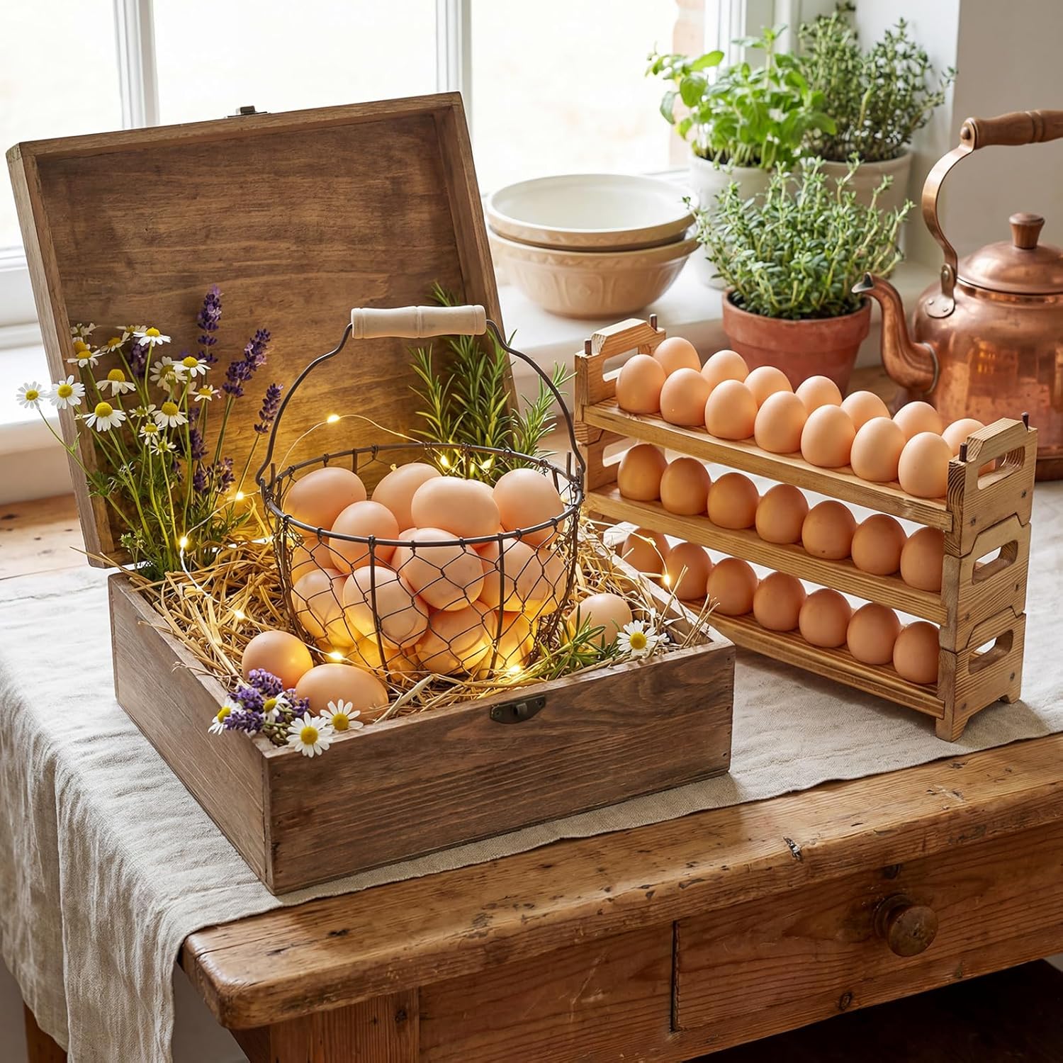 2 Pcs Egg Collecting Rack Kit Include Easter Wooden Fresh Egg Holder Countertop and Farmhouse Wire Eggs Basket with Handle for Gathering Fresh Eggs Vintage Home Storage Kitchen Organizer