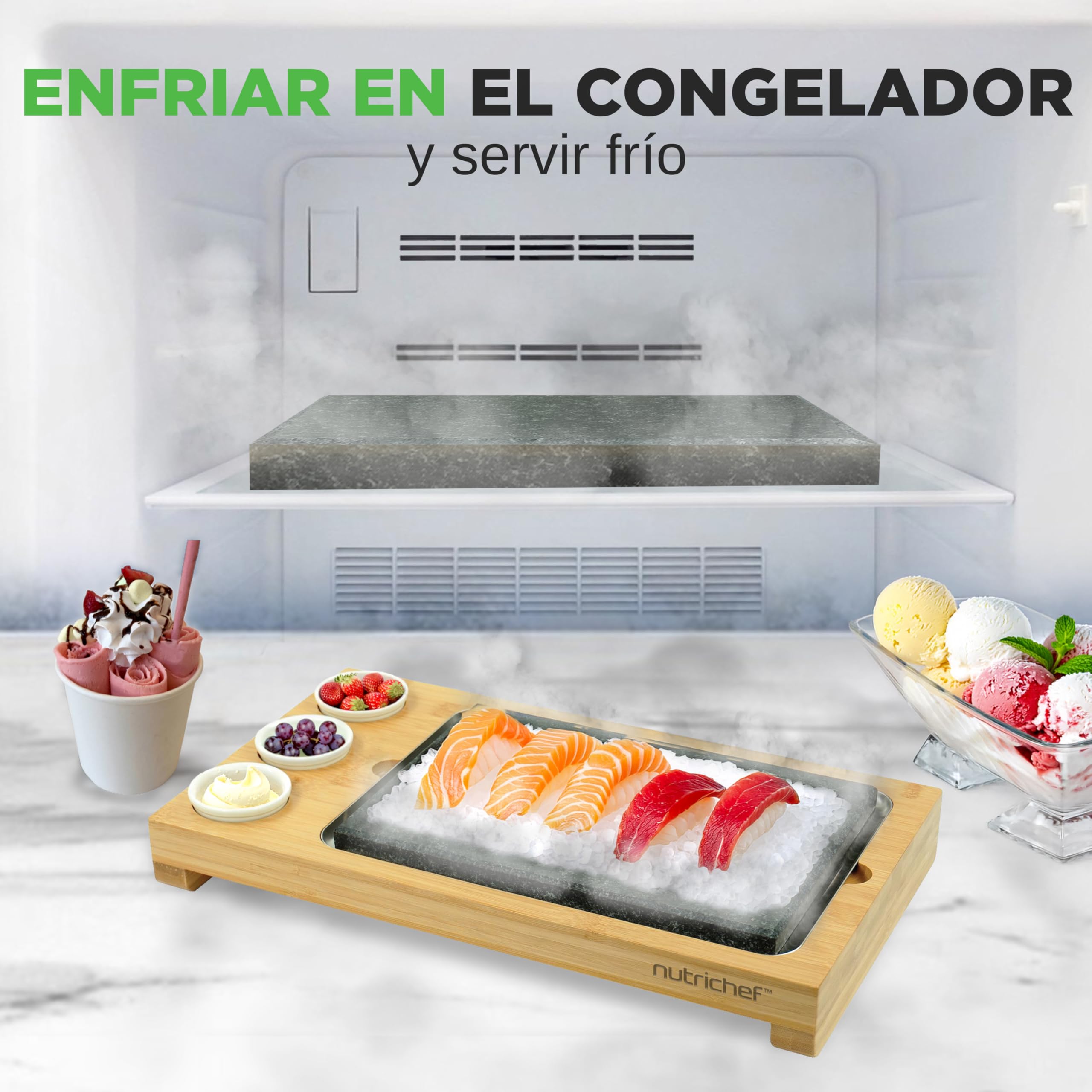 NutriChef Sizzle Juego de Cocina con Piedra Caliente – Parrilla de Mesa con Bandeja de Bambú, Cuencos de Salsa de Cerámica y Bandeja de Acero Inoxidable