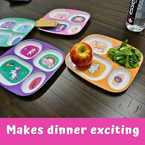 Miniatura 2 de 4E's Novelty 4 platos llanos de melamina para niños y niñas, platos divididos de plástico, juego de vajilla para niños pequeños quisquillosos, sin