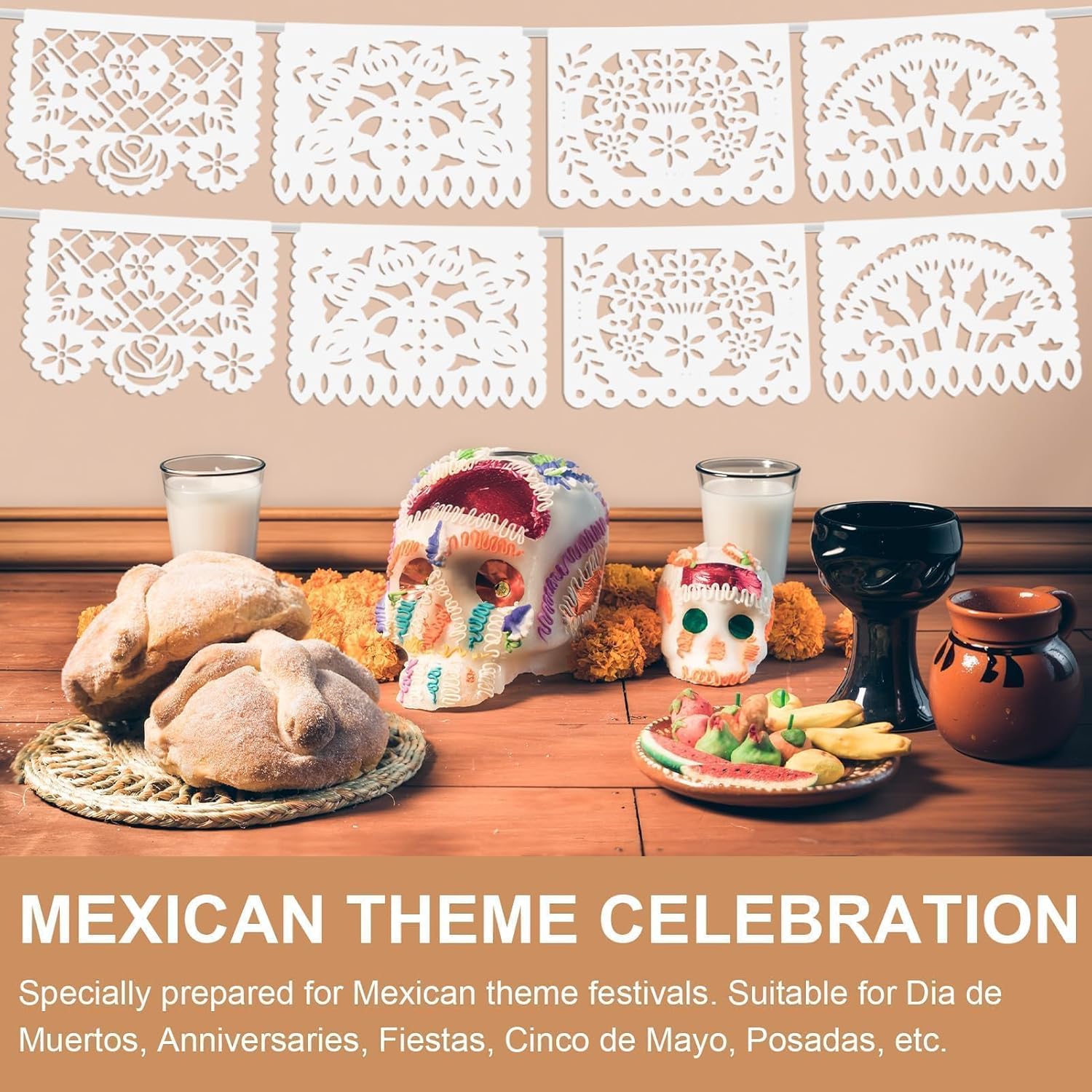 Asoulin 6Pack White Papel Picado Banner, Cinco De Mayo Plastic Mexican Party Banner Wedding Fiesta Party Decoration 5 De Mayo Mexican Themed Party Mexico Birthday Party Decor Supplies -4 Patterns/90Ft