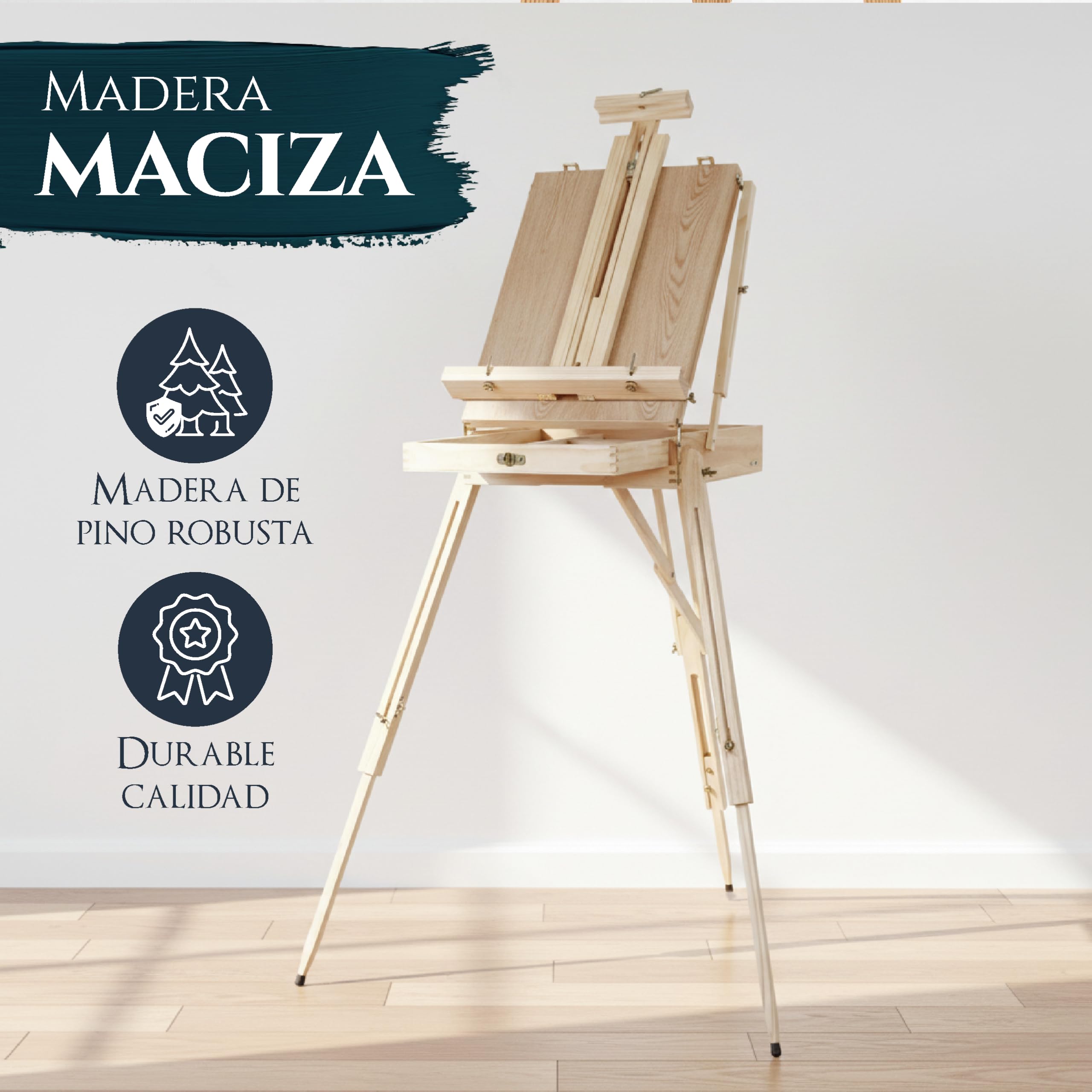 Artina Caballete maletín de pintura con paleta para lienzos hasta 100cm | Trípode madera pintor con inclinación integrado paleta versátil Madrid