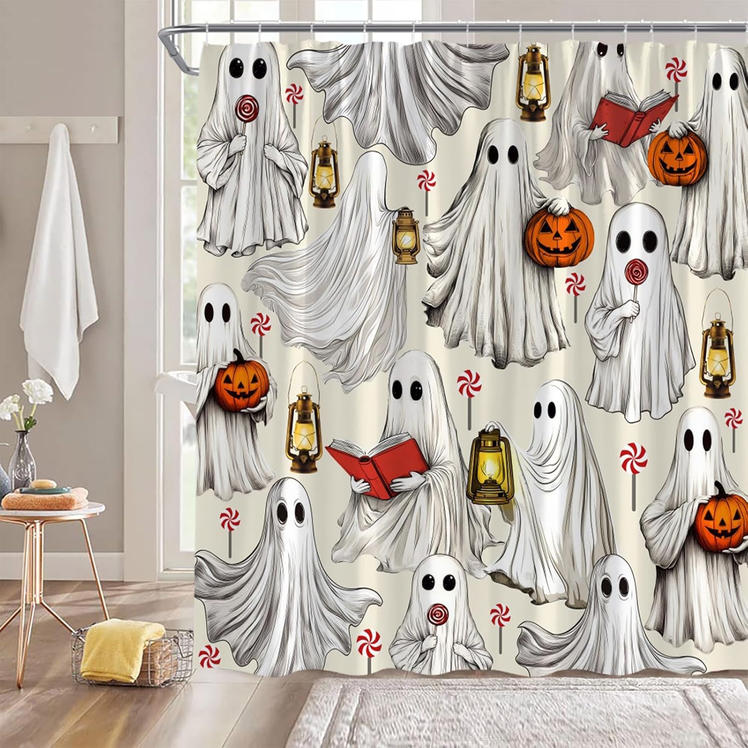 Halloween Funny Ghost Shower Curtain Beige White Spooky Scary Pumpkin Candy Book Light Cute Vintage Retro 70" Wx84 H Fabric Bathroom Decor Curtain with Hooks