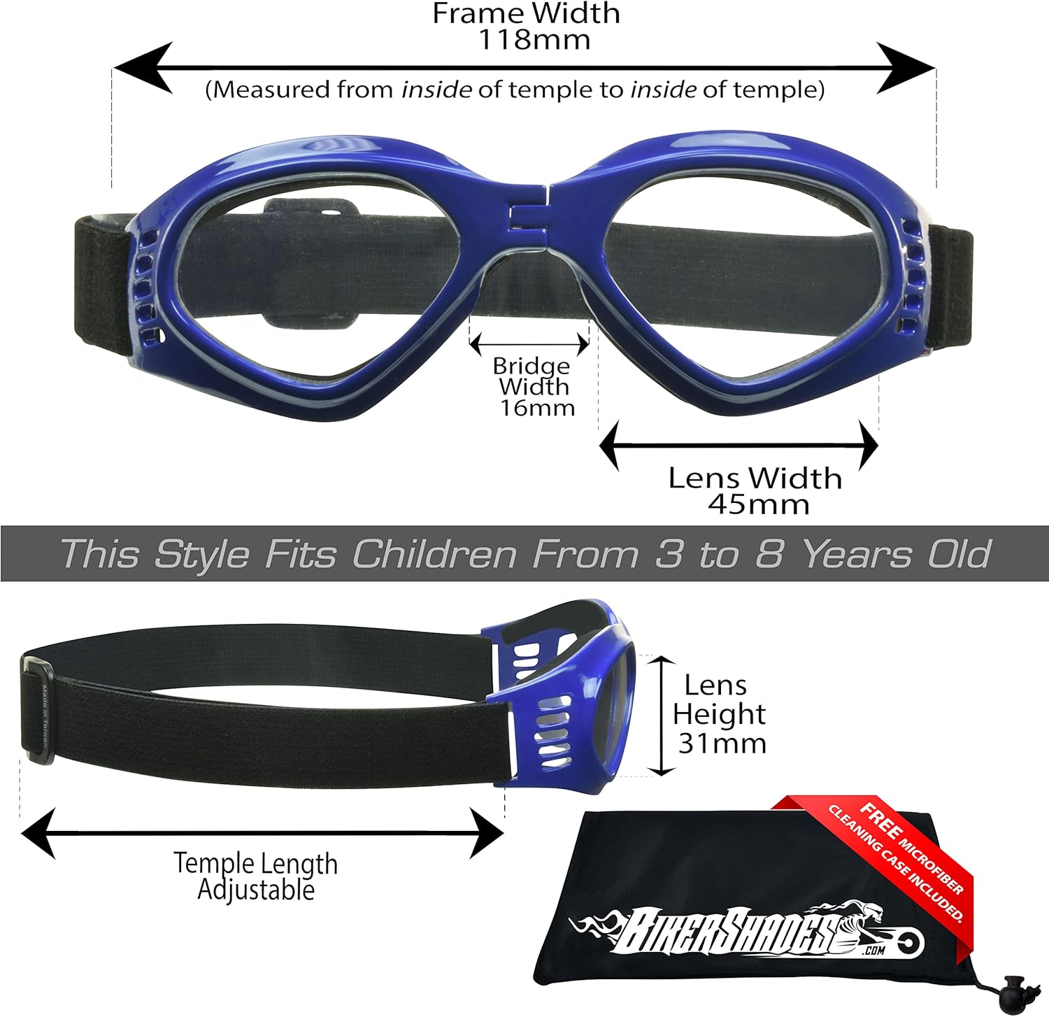 Bikershades Kids Safety Sunglass Goggles Foldable Boys Girls 3 to 8 Years Old Motorcycle Motor-Cross Extreme Sports Skiing