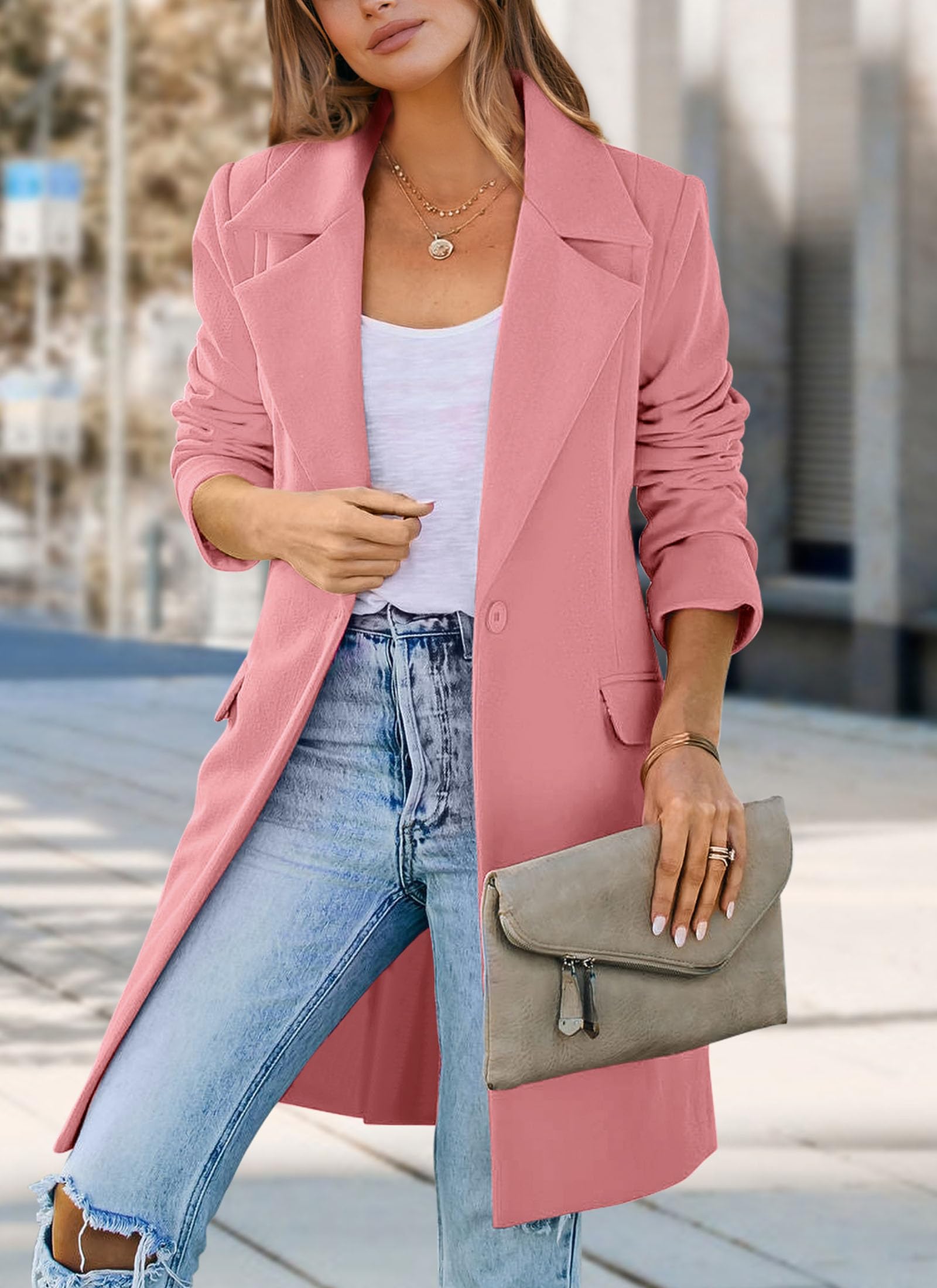 PRETTYGARDEN Women's Business Casual Long Blazer Jackets(Dusty Pink,M) view 5