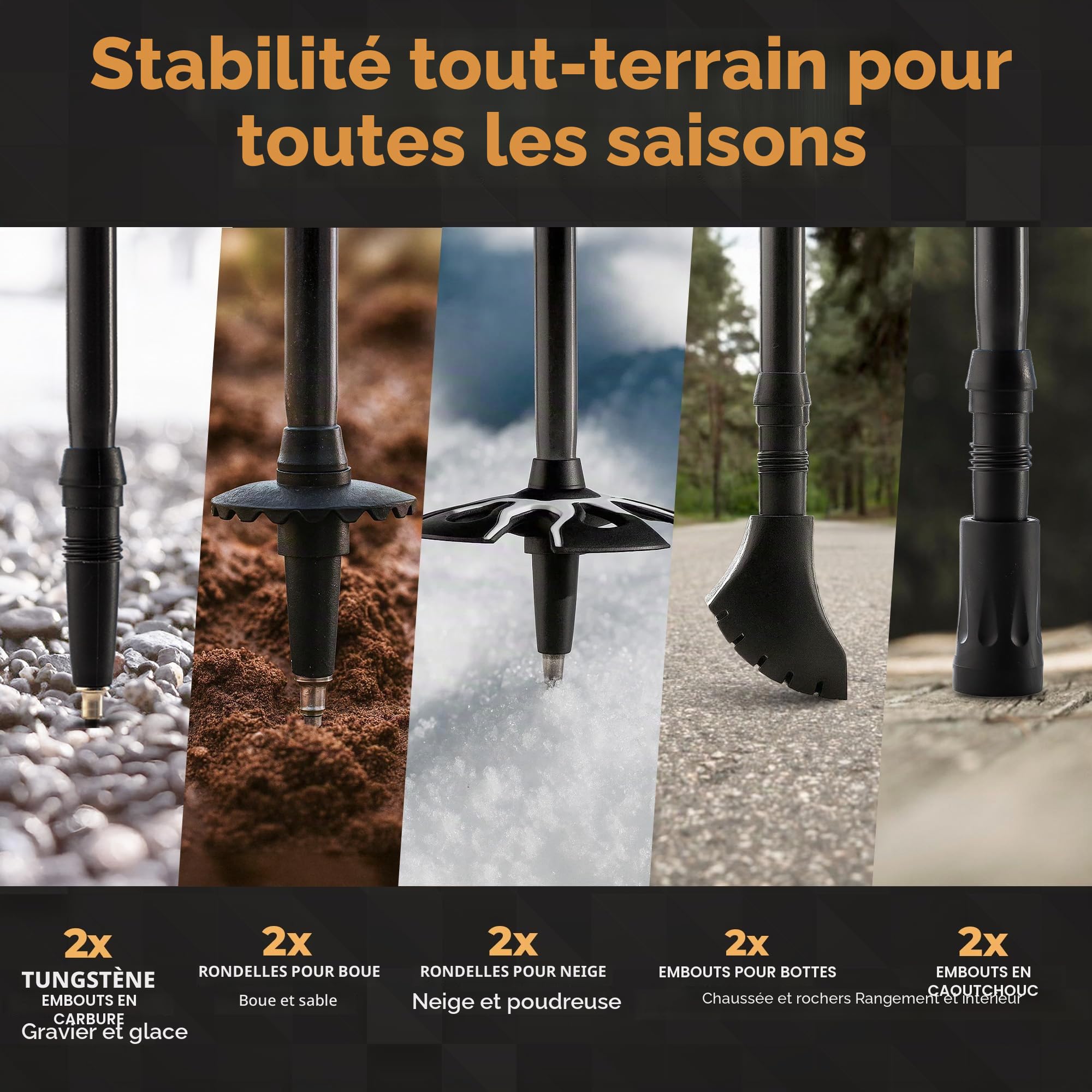 Foxelli Bâtons de randonnée en fibre de carbone, légers et pliables, absorbant les chocs avec poignées en liège naturel, verrous à rabat, accessoires 4 saisons/tout terrain et sac de transport