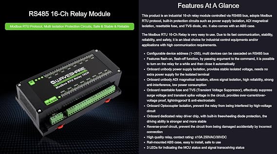 Modbus RTU 16-Ch Relay Module, RS485 Interface, with Multiple Isolation Protection Circuits, Industrial-Grade, Rail-Mount Case (Modbus RTU Relay 16CH)