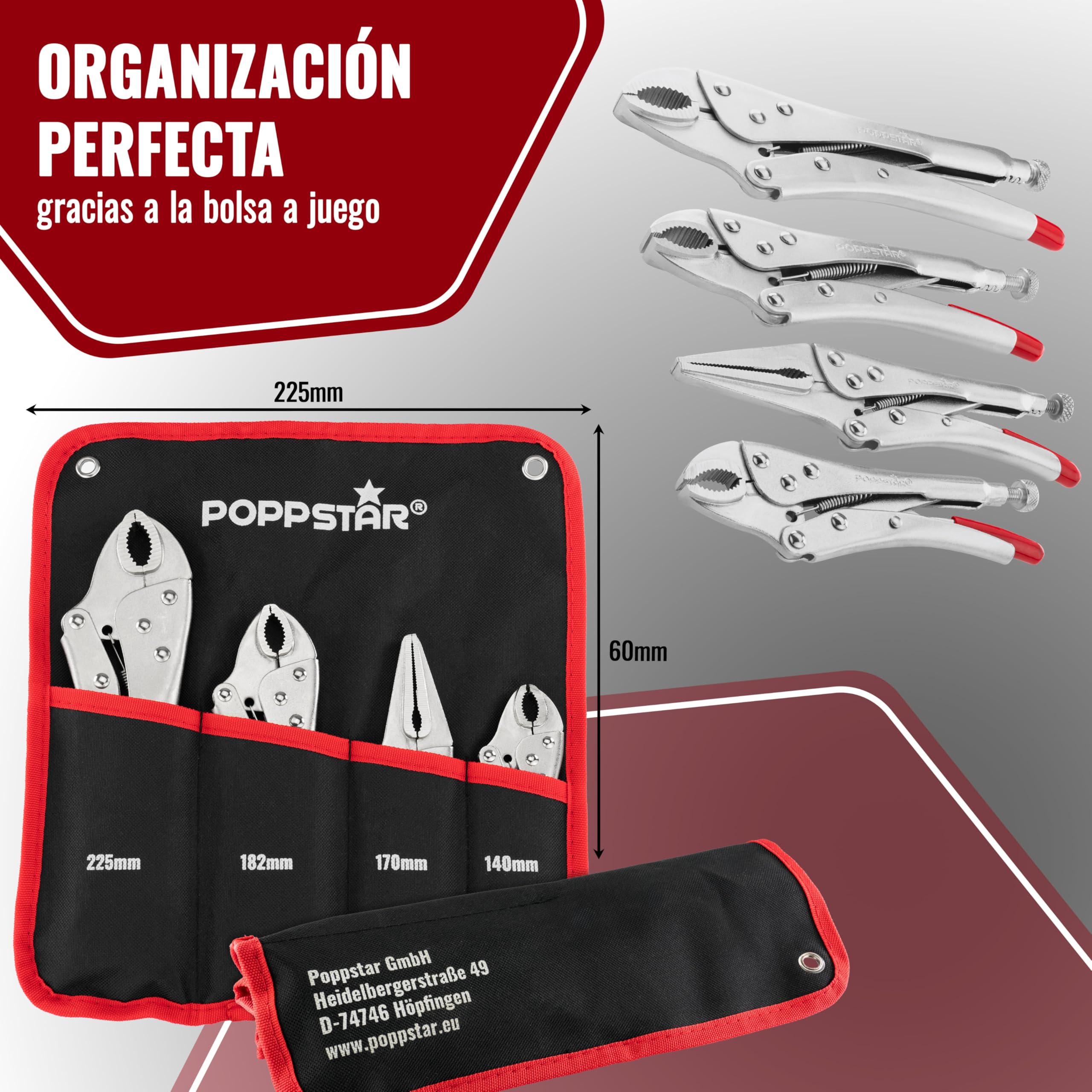 Poppstar Juego de alicates de presión con 3x alicates de soldadura (225/182 / 140 mm) y 1x alicate de punta larga (170 mm) inclusa bolsa