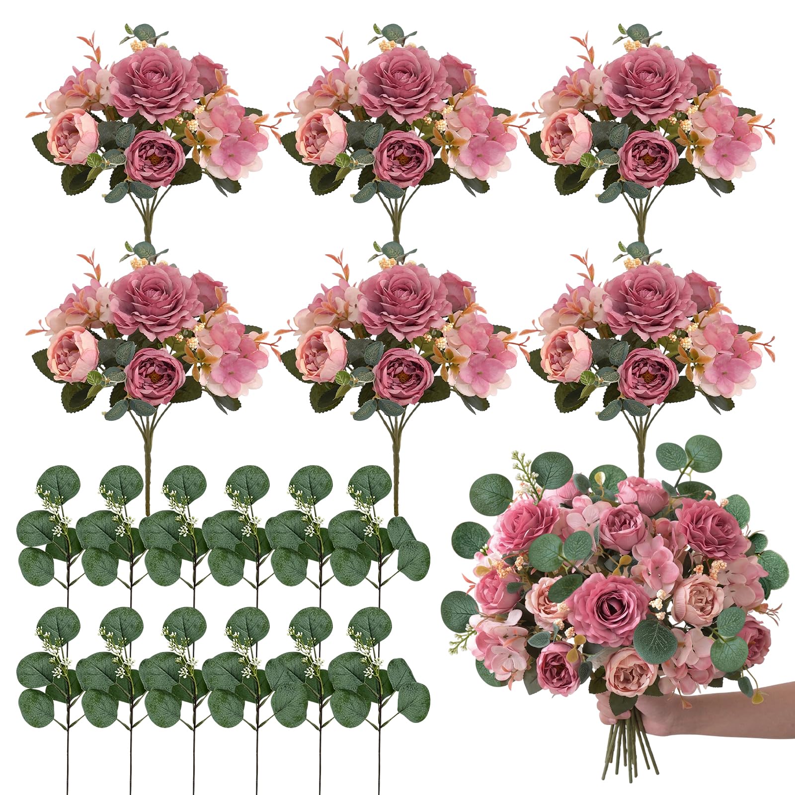 DVDVBOOM 6 Bunches Peony Artificial Flowers, Faux Peonies Hydrangea Eucalyptus Bouquet, Silk Vintage Realistic Peony Floral Arrangement for Wedding Centerpiece Table Vase Home Party (Dusty Pink)