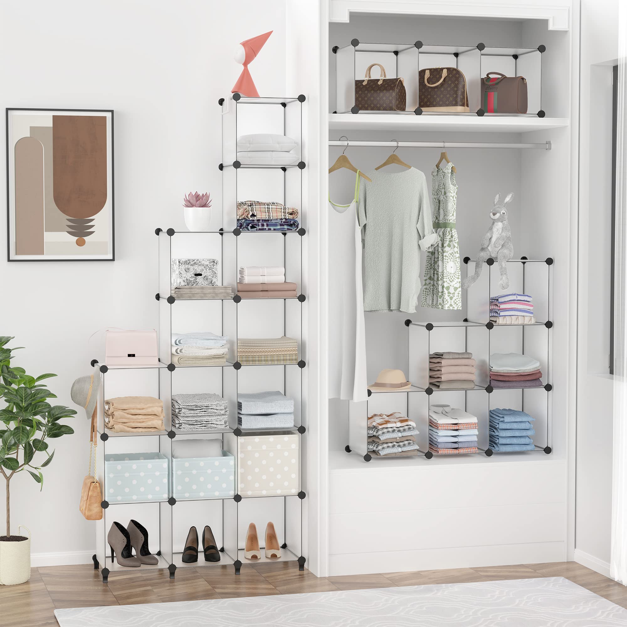 HOMIDEC Système d’étagères de rangement, en plastique, 40 cubes, modulaire, armoire pliante, enfichable, séparateur pièce, organisateur vêtements, chaussures, jouets, livres, pour chambre à coucher