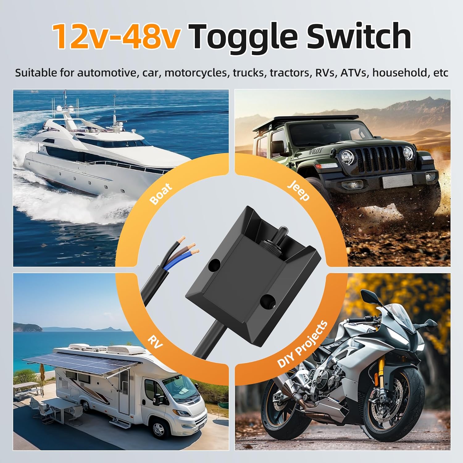 DaierTek Heavy Duty Pre-Wired Toggle Switch 12V 30A, IP67 Waterproof (ON)-Off-(ON) Switch with 2FT Lead Wire, 3 Pin SPDT Momentary 12 Volt Switch for Automotive Boat Marine RV Truck ATV Winch Control