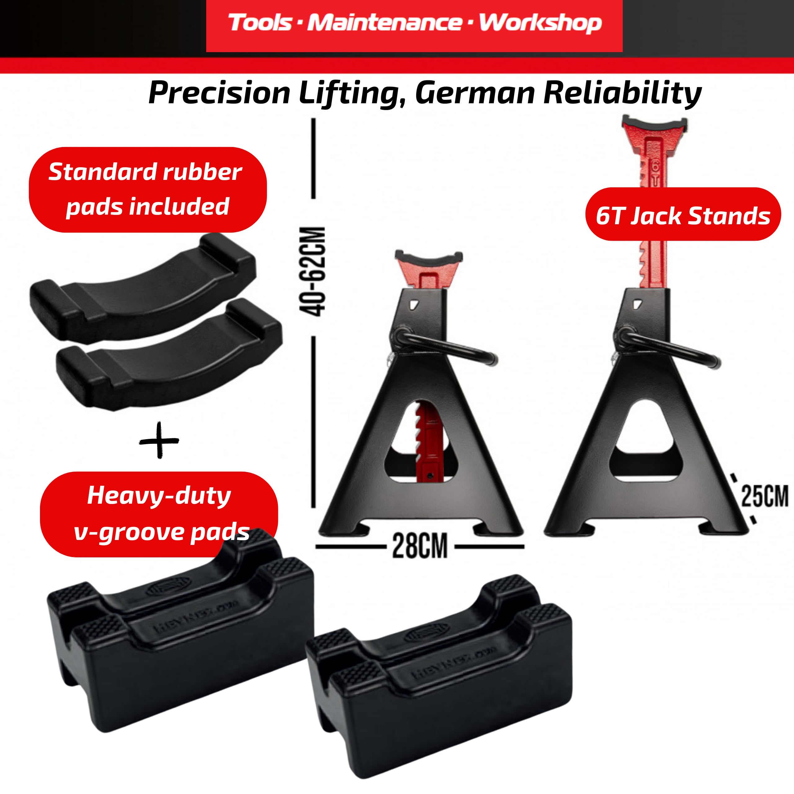 HEYNER Soporte de Gato Elevador Coche de Eje Resistente de 6 Toneladas, 6000 kg para Autocaravana, con Almohadillas de Goma Extra Estables, par H347470+RL