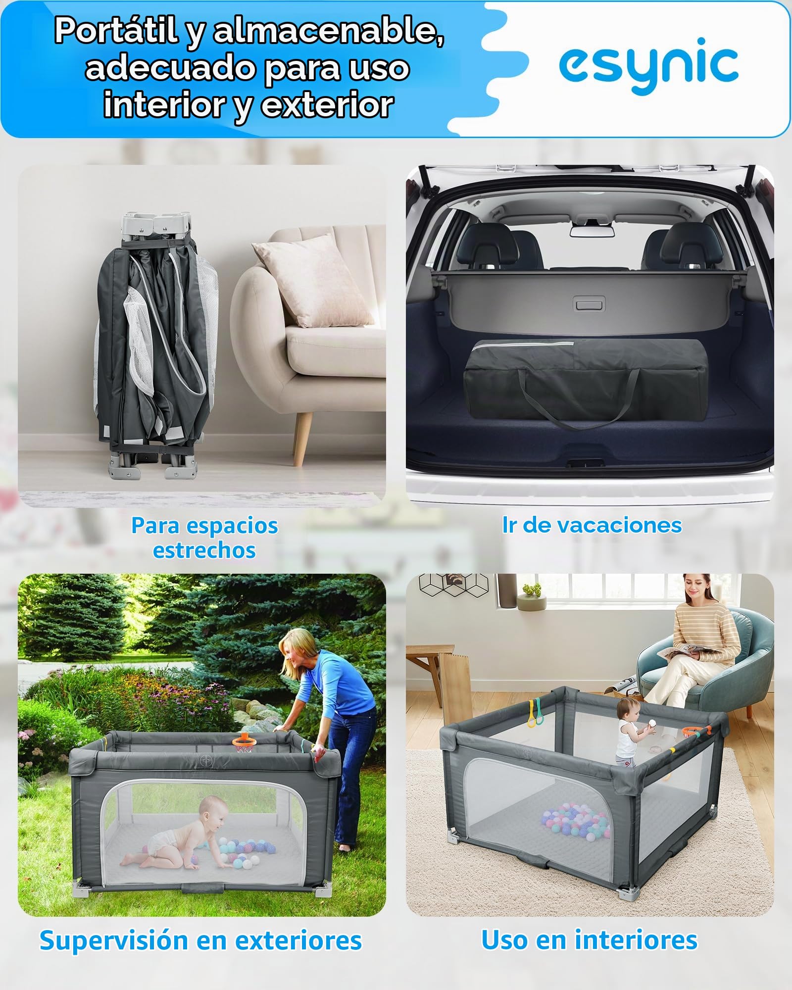 eSynic Corralito Bebé Portátil 150x150cm, Parque Infantil Plegable con Alfombrilla + 50 Bolas, Canasta Baloncesto, Malla Transpirable, 4 Agarraderas y Bolsa Transporte - Juegos Seguros para Bebé