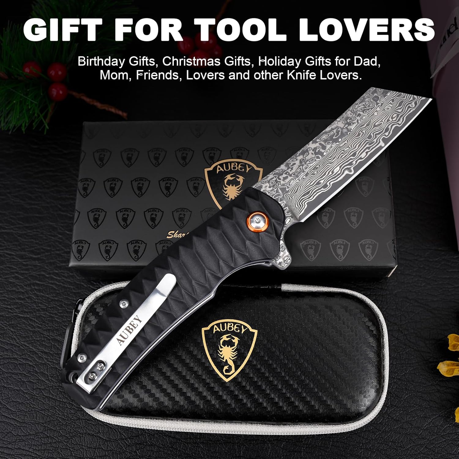 AUBEY Damascus Pocket Knife, 3.34" Damascus Steel Hollow Grind Blade, Folding Knife with Ball Bearing, Aluminum Handle, EDC Knife for Outdoor Camping Hunting