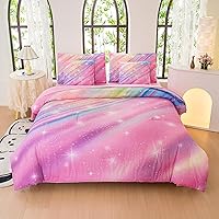 Vista 19 de Juego de ropa de cama arcoíris tamaño individual – Edredón reversible de 5 piezas para niñas con sábana de bolsillo profundo, diseño de galaxia