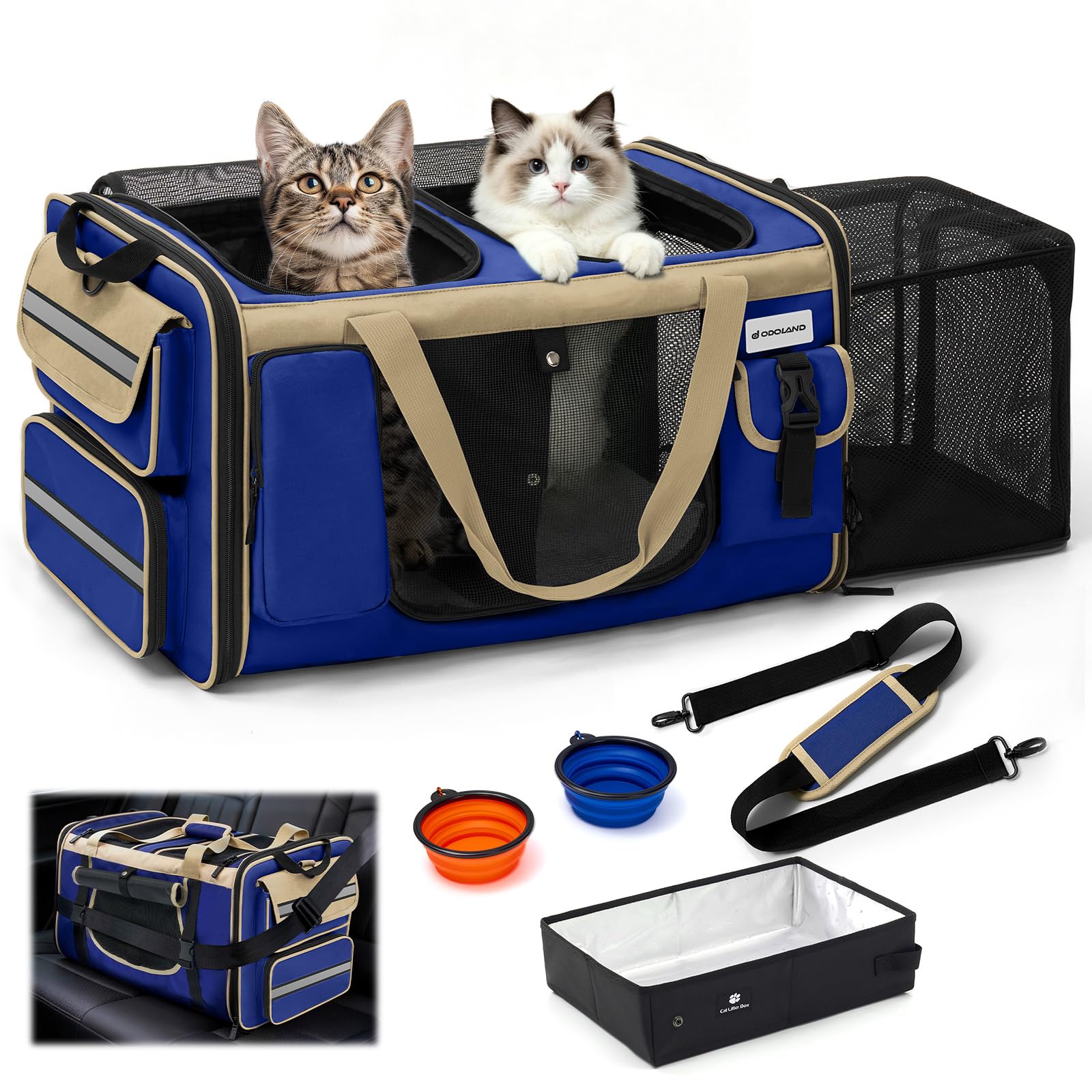 Odoland Boîte de transport pour 2 chats - Pliable et extensible - Sac de transport respirant avec bandoulière et bac à litière - Idéal pour les voyages, la voiture - Bleu