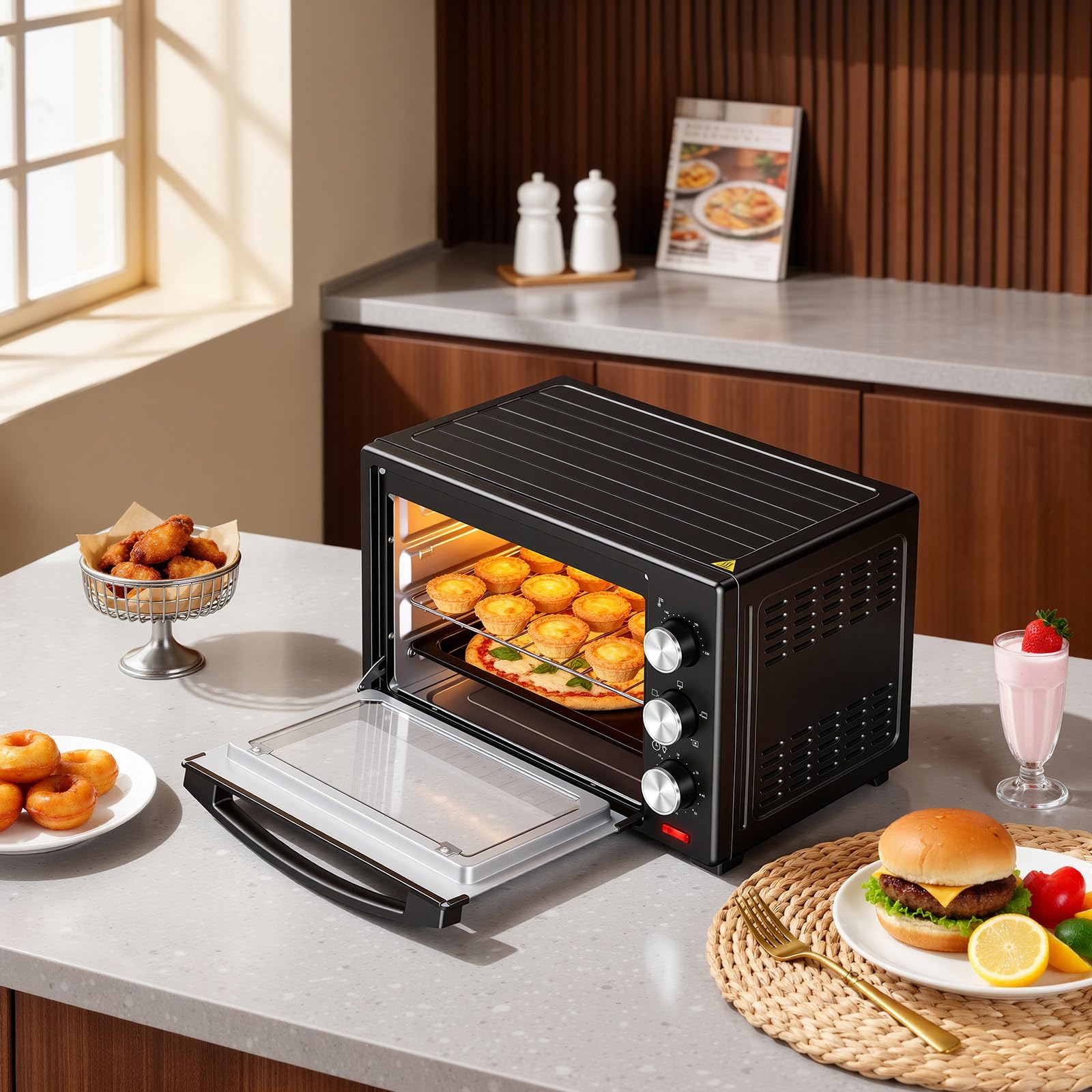WOLTU Mini Backofen mit Umluft 28 L, Pizzaofen 1600 W, 100-230 °C, Timer 0-60 Min., 3 Heizmodi, inkl. Backblech Grillrost Krümelblech Rostheber, Mini Ofen für Backen Braten Auftauen Erhitzen, Schwarz