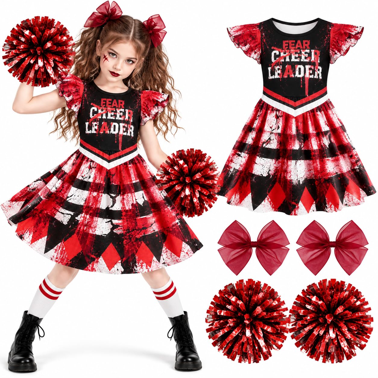 Girl Scary Bloody Cheerleader Costume, Zombie Cheerleader Costume for Halloween Dress Up Parties
