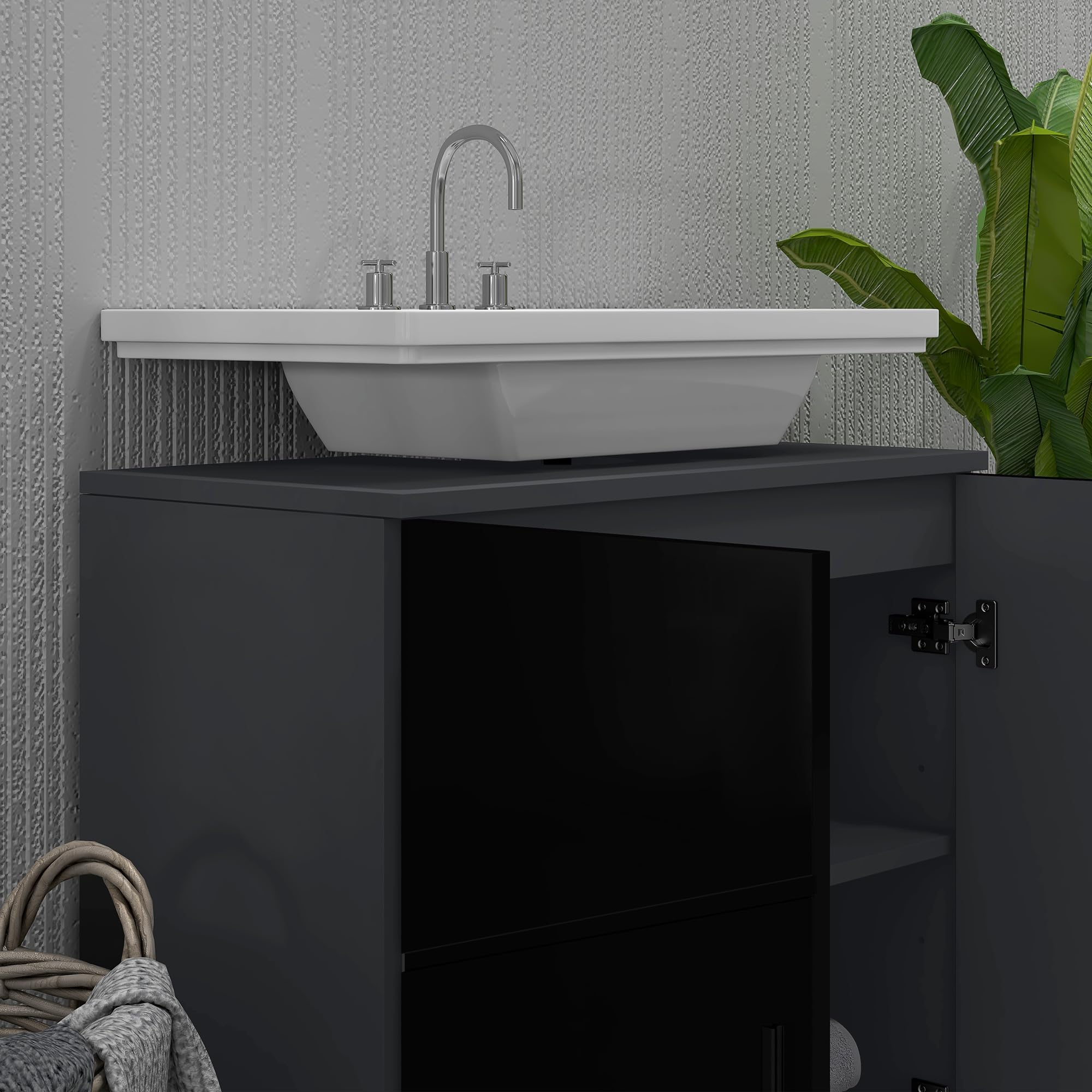 kleankin Mobile Sottolavabo con Armadietto 2 Ante, Mobiletto Bagno Sottolavandino in Legno con Mensola Regolabile, per Lavabi con o Senza Colonna, 60x30x60cm, Nero e Grigio Scuro
