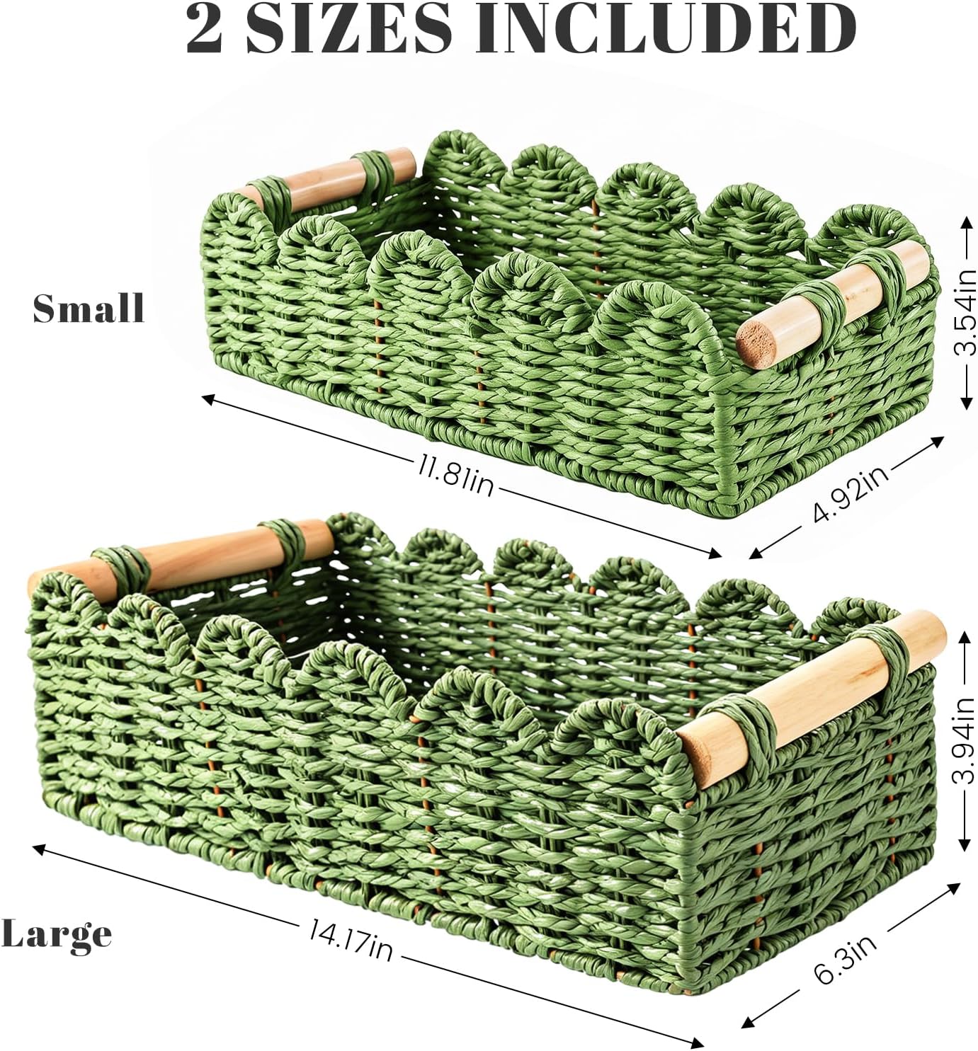 Paper Rope Storage Basket Set of 2, Toilet Paper Basket for Bathroom | Scalloped Edge with Wooden Handles, Perfect for Over Toilet Storage Shelf, Living Room & Home Decor