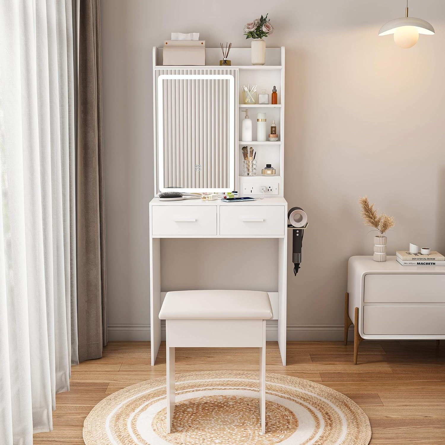 Modern Mini Makeup Vanity, Vanity Desk with Mirror and Lights, Dressing Table with Storage, Drawers and Padded Stool for Small Bedroom. (White)