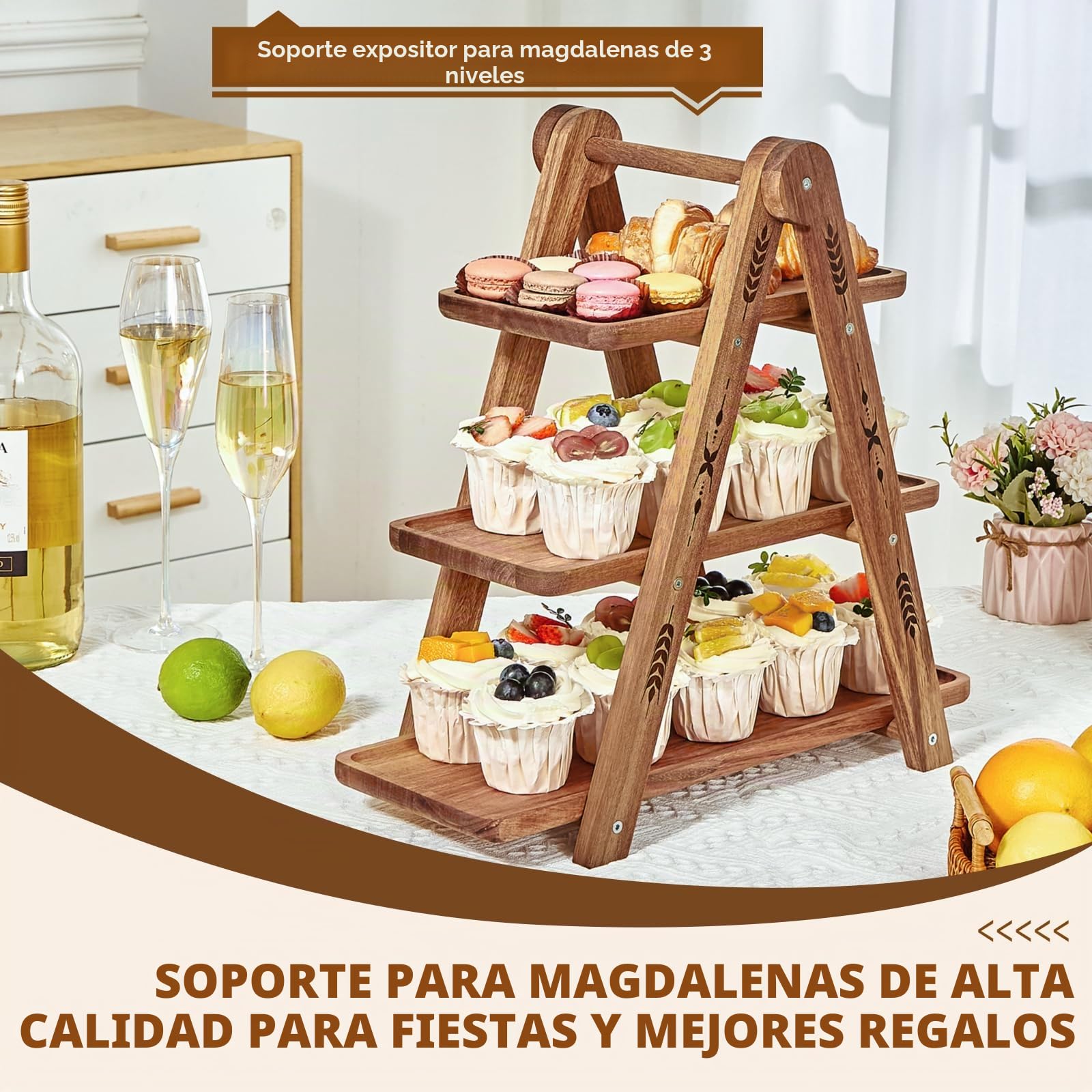 DUJUST Porta Tartas de Madera para 24 Cupcakes, Soporte Tarta de 3 pisos con Superficie de Grado Alimenticio, Soporte para Cupcakes para comida y juguetes, Fácil de Instalar - plegable