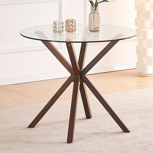 Mesa de comedor de cristal, moderna mesa de comedor de vidrio templado con base cruzada para 4 personas, mesa de comedor redonda grande de vidrio