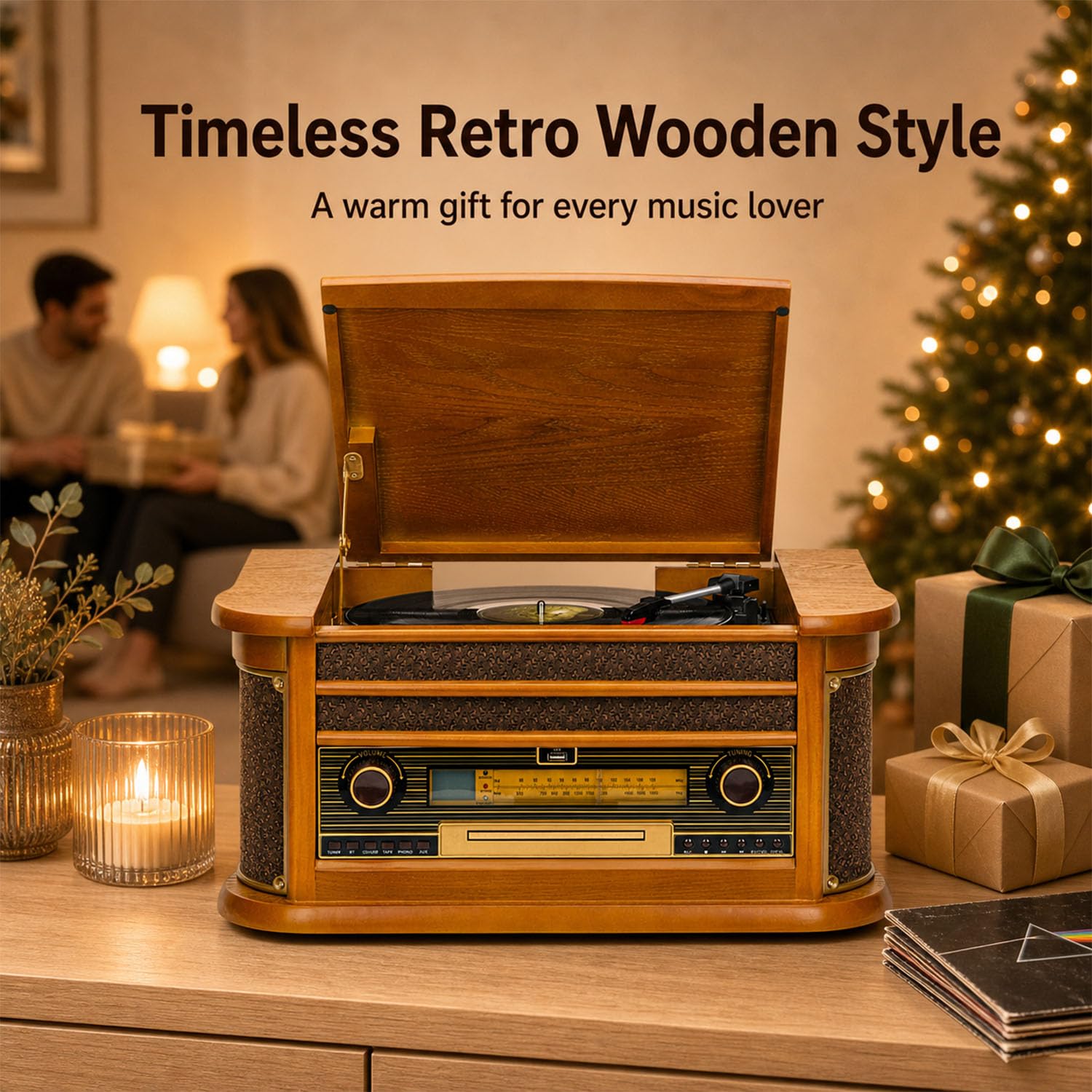 Platine Vinyle rétro Bluetooth avec Haut-parleurs, système Audio stéréo avec CD, Cassette, Radio FM, Enregistrement USB, entrée AUX, Sortie RCA, 33/45/78 TR/Min