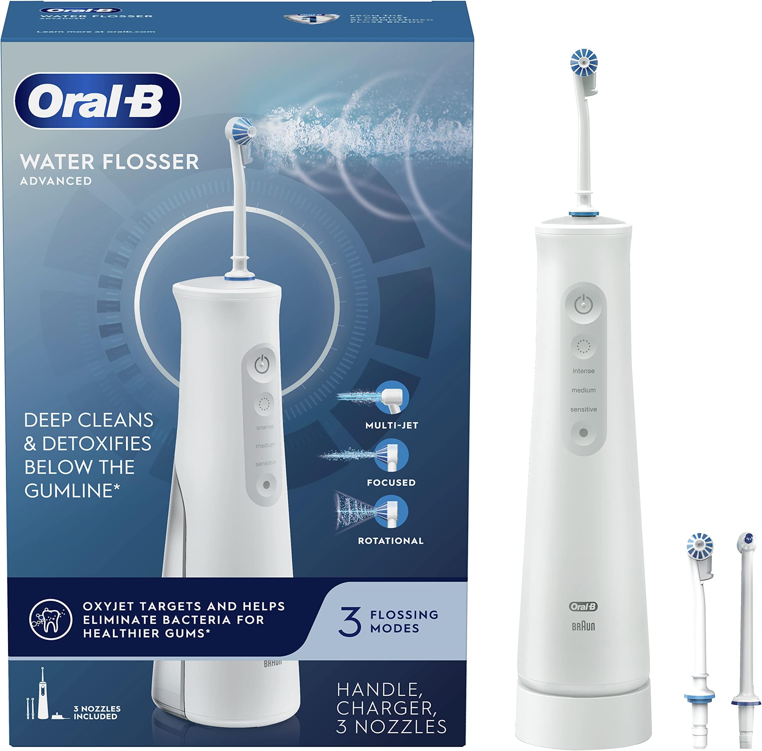 Water Flosser Advanced, Cordless Portable Oral Irrigator Handle with 3 Nozzles