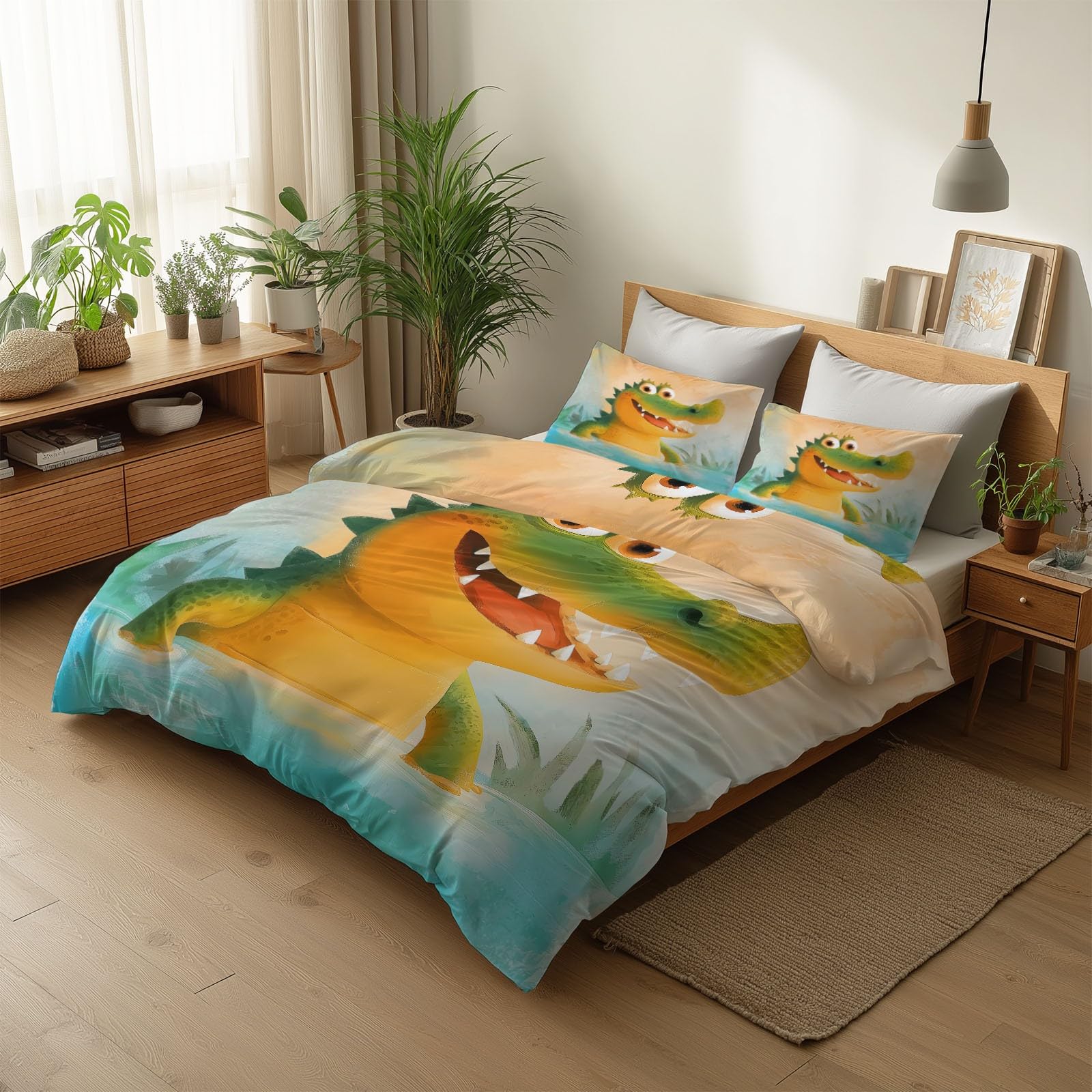 Générique Komplet pościeli dziecięcej 200 x 200 cm Kreskówka Krokodyl Poszwa na kołdrę Miękka i oddychająca mikrofibra, żółta pościel 1 osoba Zamek błyskawiczny Poszewki na poduszki 65x65cm