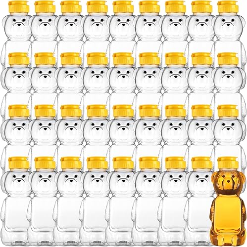 36 botellas vacías de plástico de oso de miel, botella exprimible de miel, taza de oso de miel con tapa superior amarilla abatible, tarro en forma