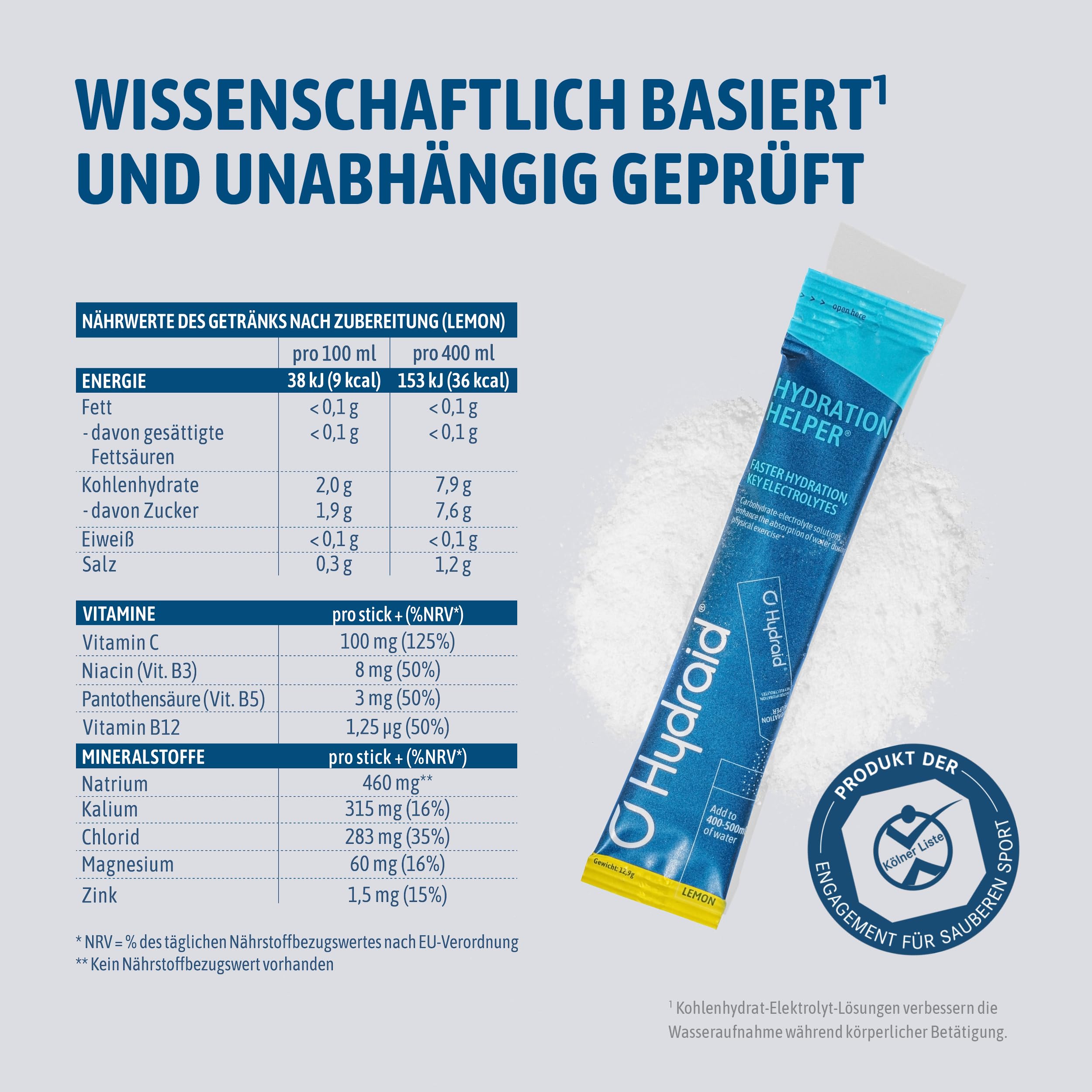 Hydraid Hydration Helper® LEMON - Elektrolyt Pulver, 25 Sticks | 1118 mg Elektrolyte pro Stick mit Natrium, Kalium & Magnesium – für Sport, Alltag und Hitze - Zitrone Geschmack