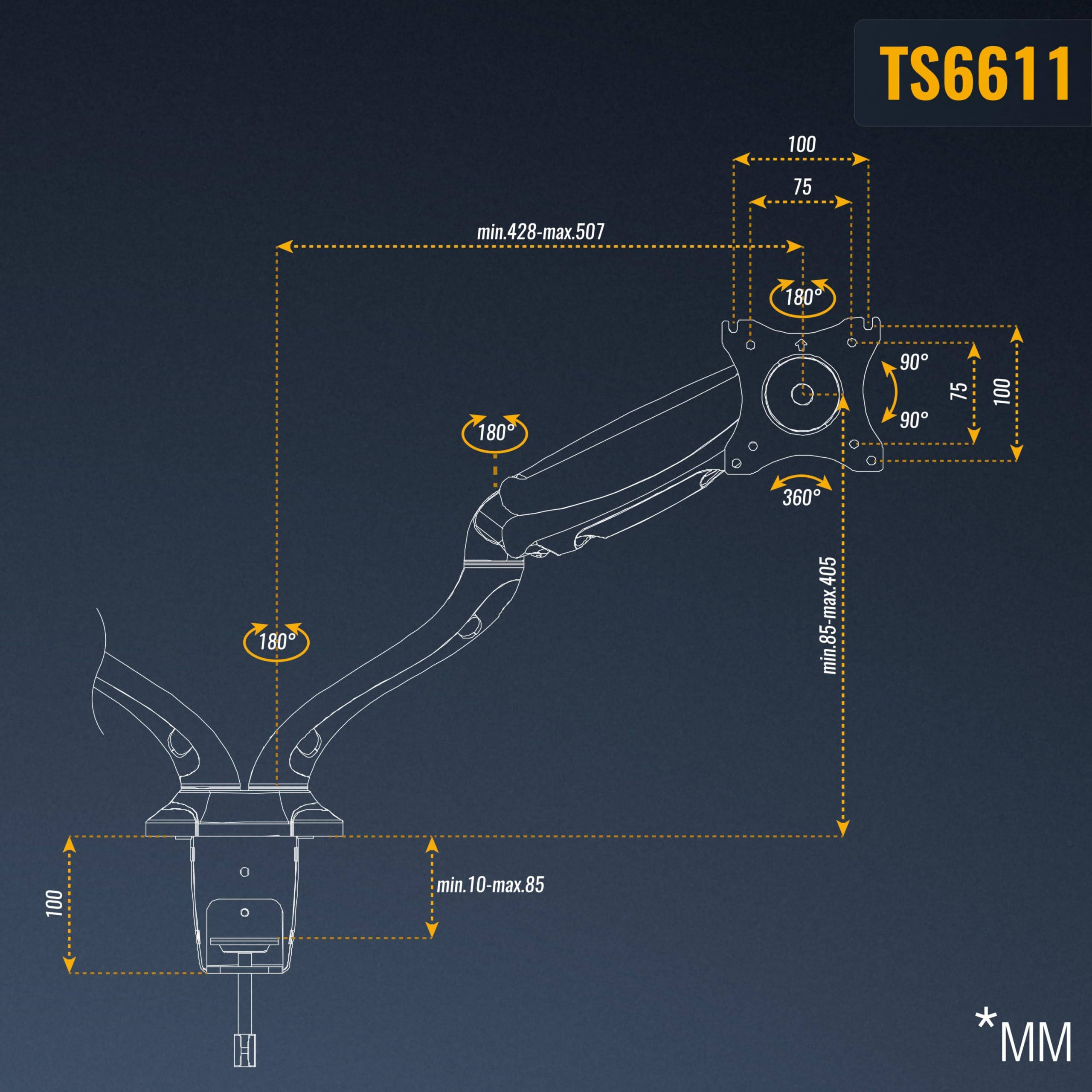 RICOO Uchwyt na monitor TS6611 stołowy ze sprężyną gazową 13-27 cali VESA 75x75 100x100 obrotowy