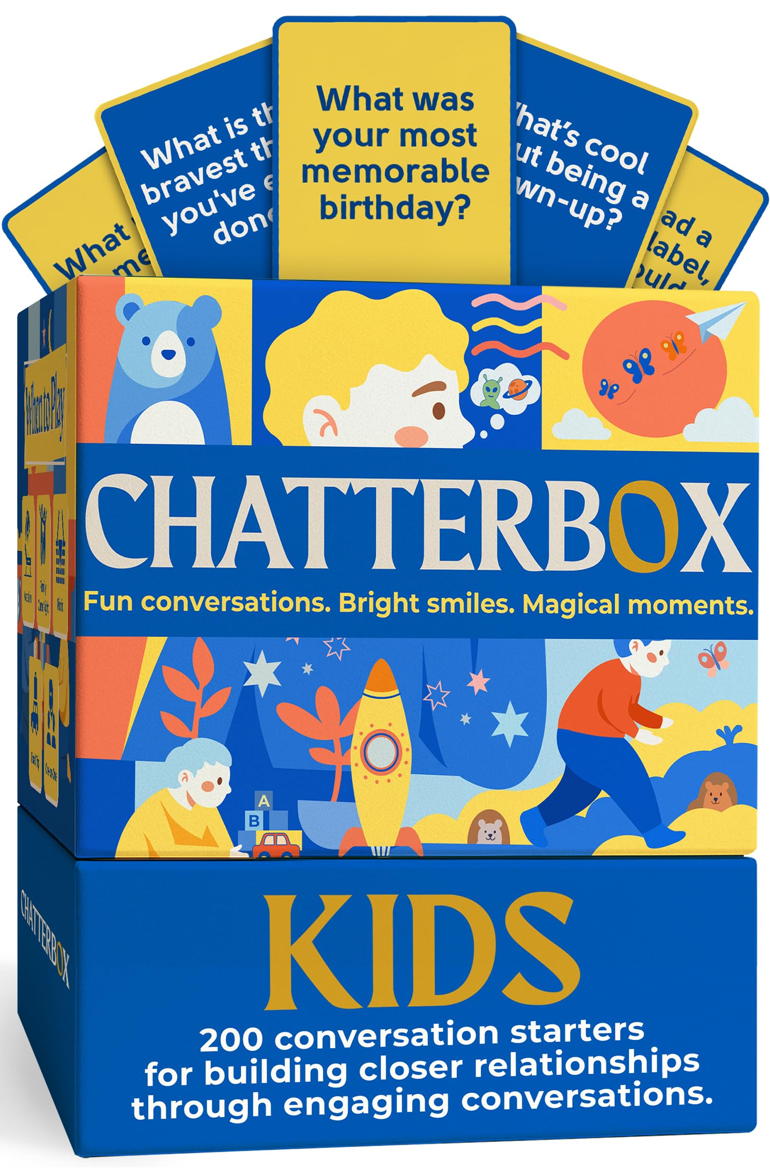Chatterbox Conversation Cards for Kids, 200 Questions Designed for Kids and Children to Share, Connect and Enjoy Family Game Night, Family Reunion, Dinner Table, School Group Events &amp; Road Trips