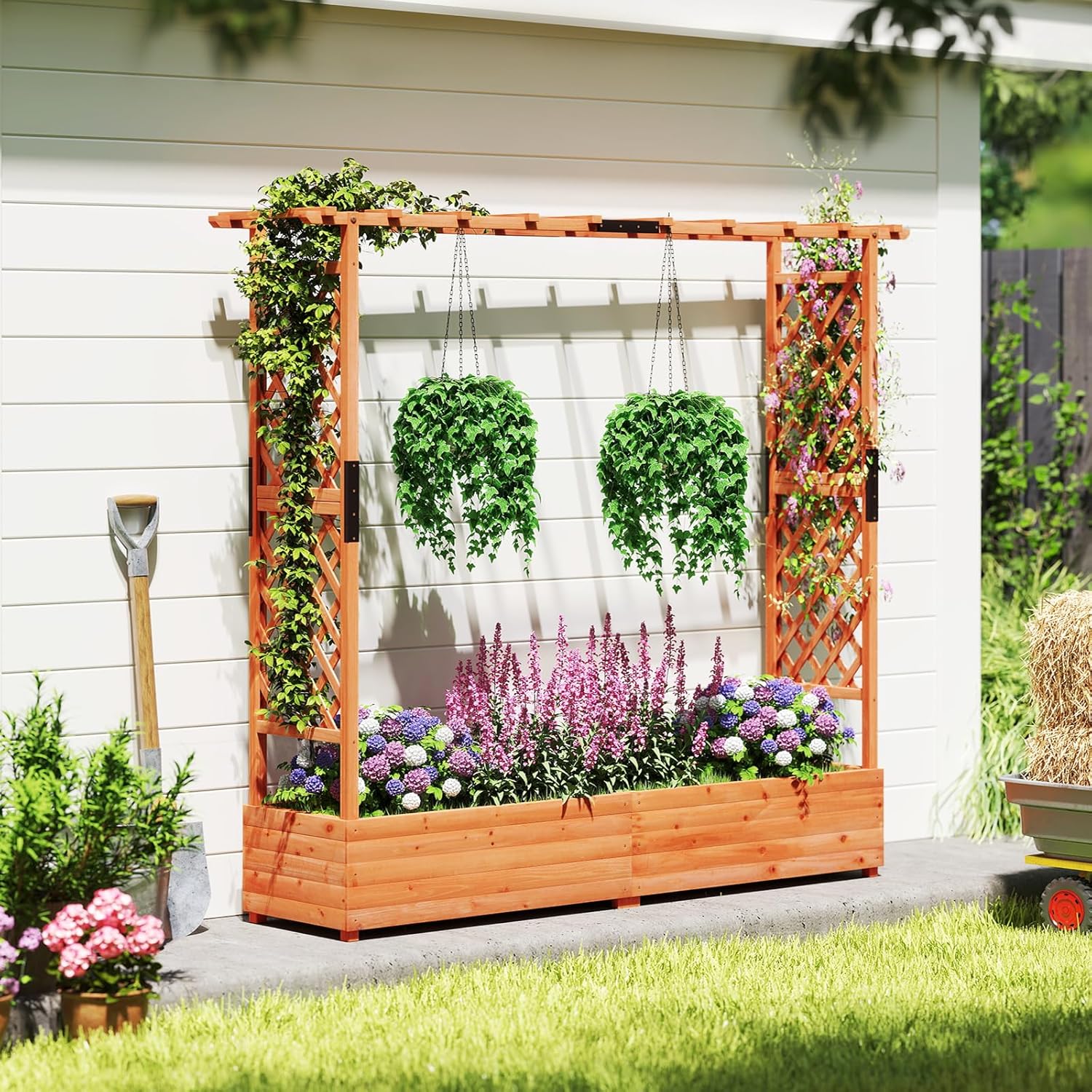 ORALNER Raised Garden Bed with Trellis, Wooden Planter Box with Climbing Frame, Outdoor Elevated Garden Box for Vegetables, Herbs, Flowers, Fruits (Extra Large)