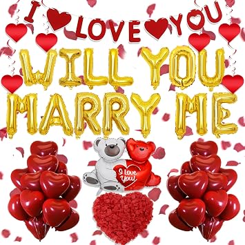 Will You Marry Me Decorations - 500+ Pcs Gold Letter Balloons Banner Party Decoration Teddy Bear Rose Petals for Romantic Engagement Surprise Anniversary Proposal Valentines Day Supplies