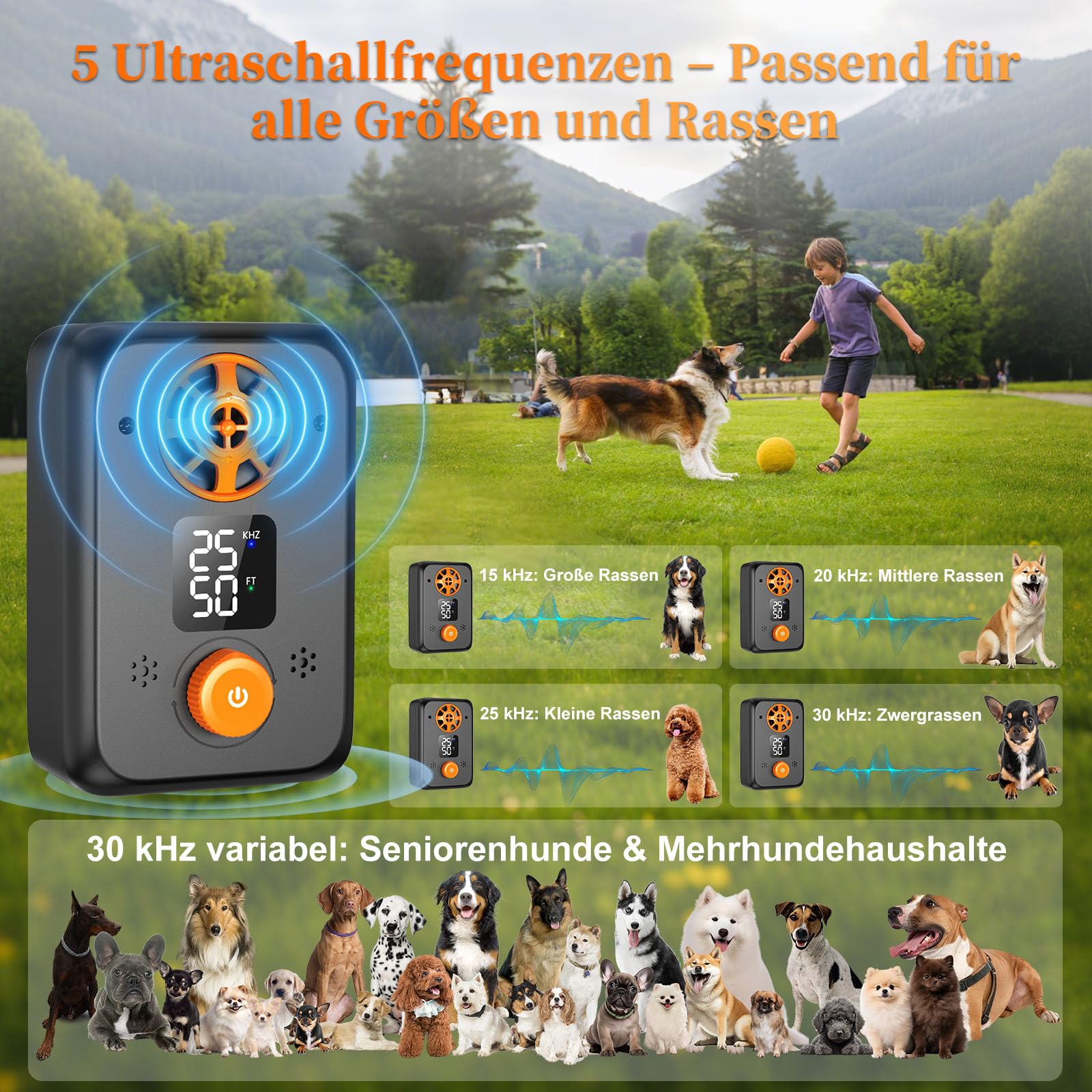 Antibell für Hunde - Ultraschall Antibell Gerät für Hunde mit 5 Frequenzstufen 3 Reichweiten 50 Fuß Reichweite Automatischer Anti Bellen Funktion Ultraschall Hundebell Stopper für Innen Außen