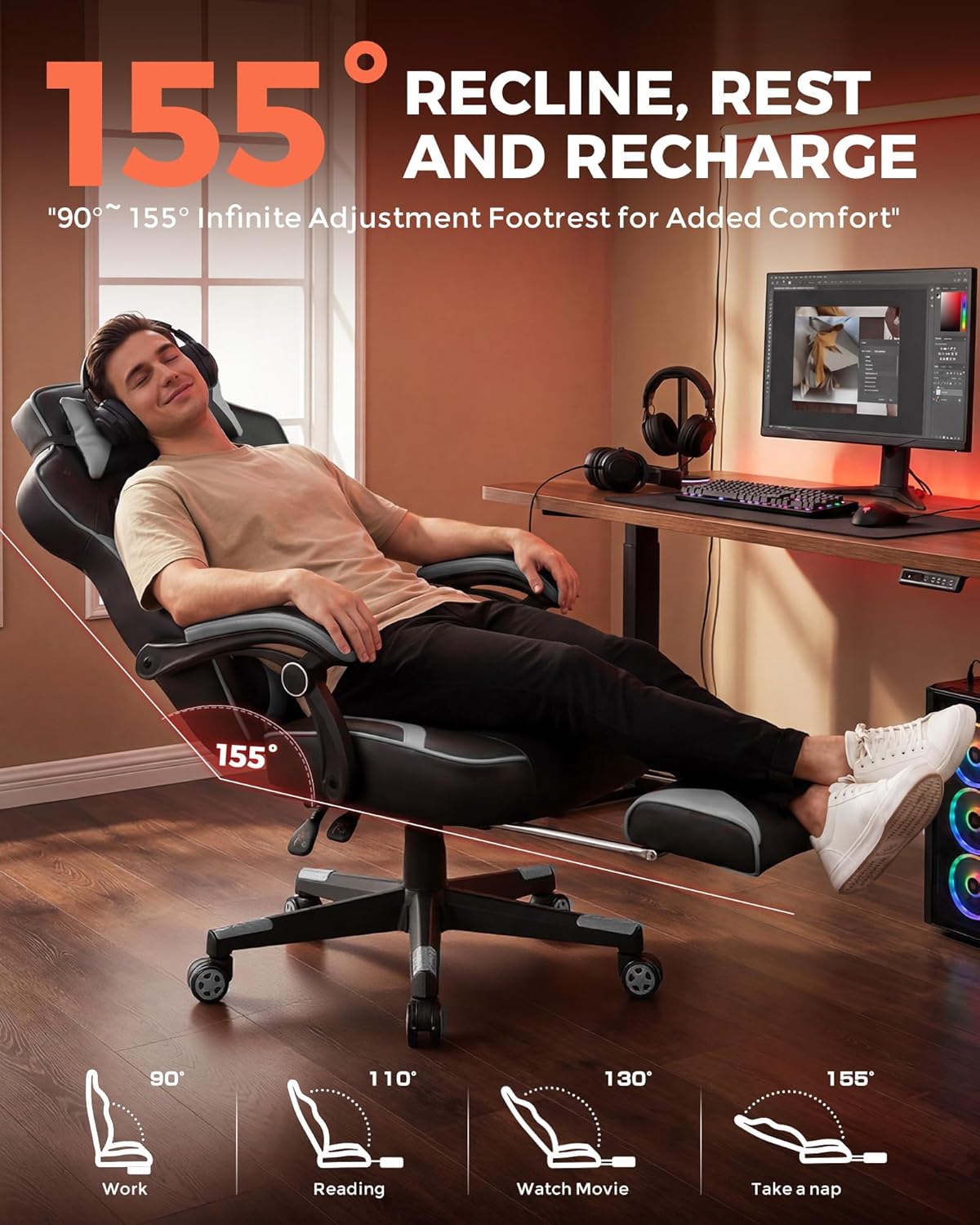 GTPLAYER Gaming Chair for Adults, Big and Tall 350LBS Heavy Duty Office Chair, Ergonomic High Back Lumbar Support and Recliner for Back Pain Relief, Sky Gray
