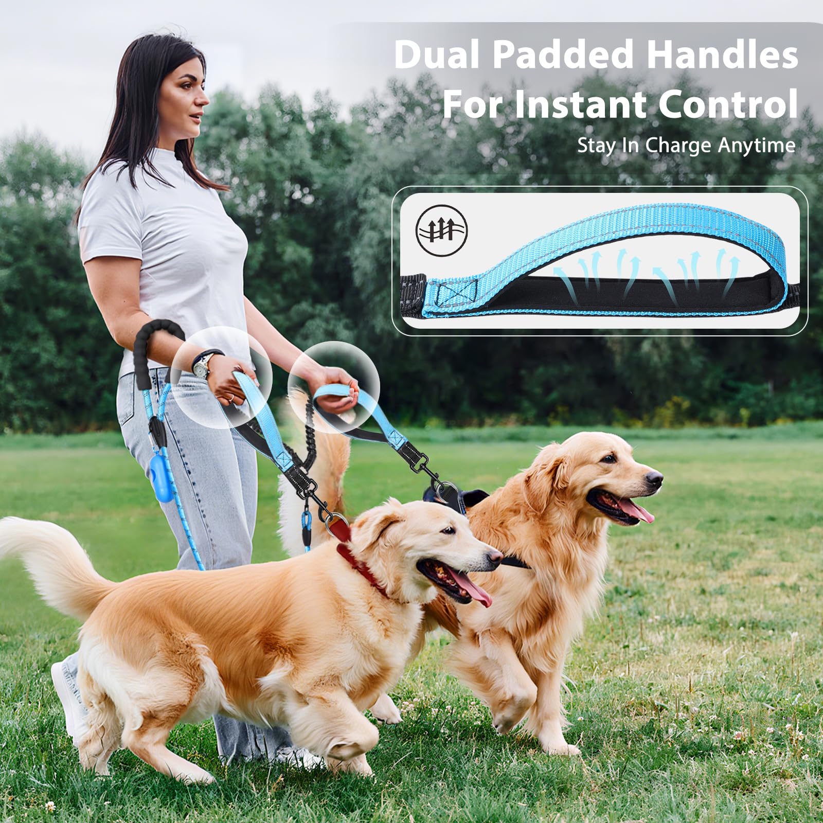 Double Dog Lead,Safety Handle Double Dog Lead for Walking 2 Dogs No Tangle,360° Tangle-Free,Thickened Design,Reflective,Double Dog Leash for Medium & Large Dogs(Black-L) - Image 3