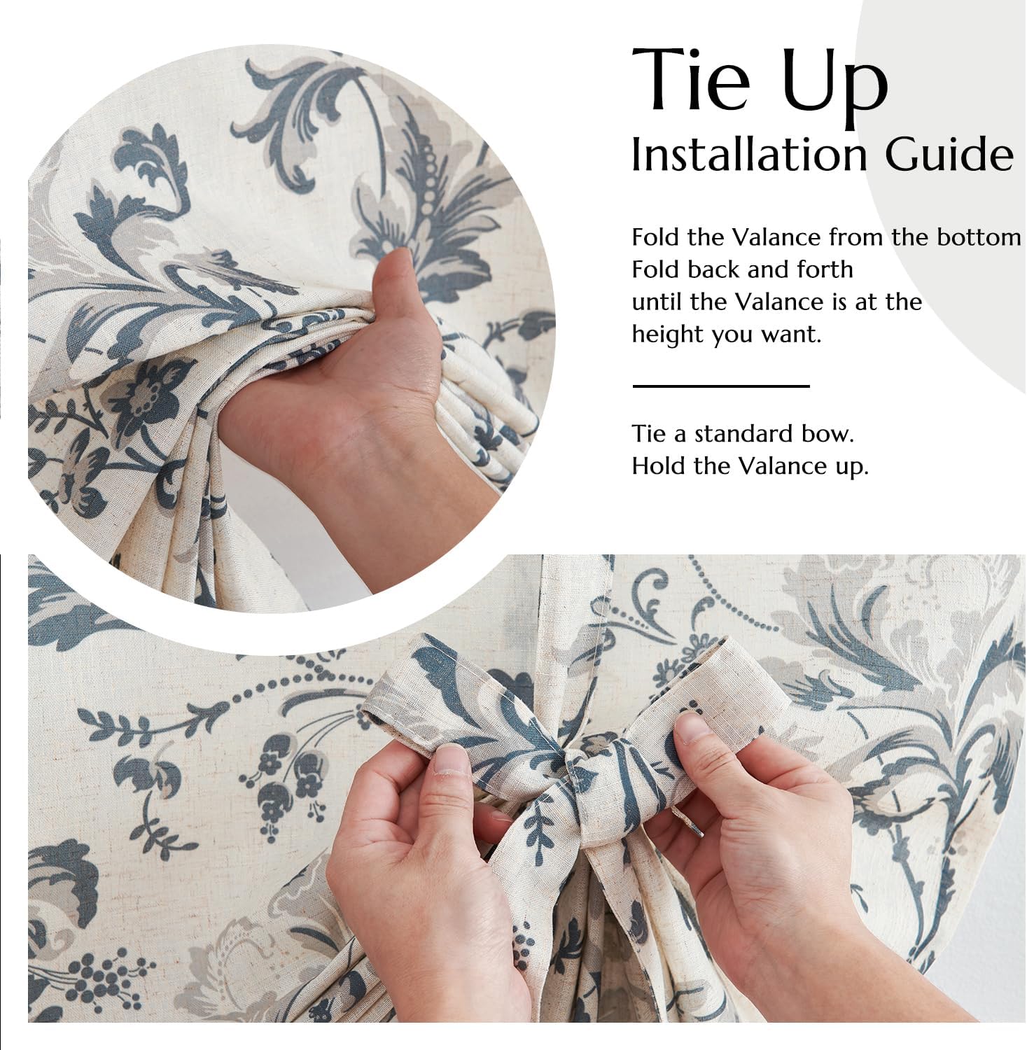 jinchan Tie Up Valance Curtain Floral Linen for Windows Farmhouse 45 Inch Damask Printed Short Window Treatment Adjustable Length for Kitchen Living Room Light Filtering 1 Panel Blue on Linen