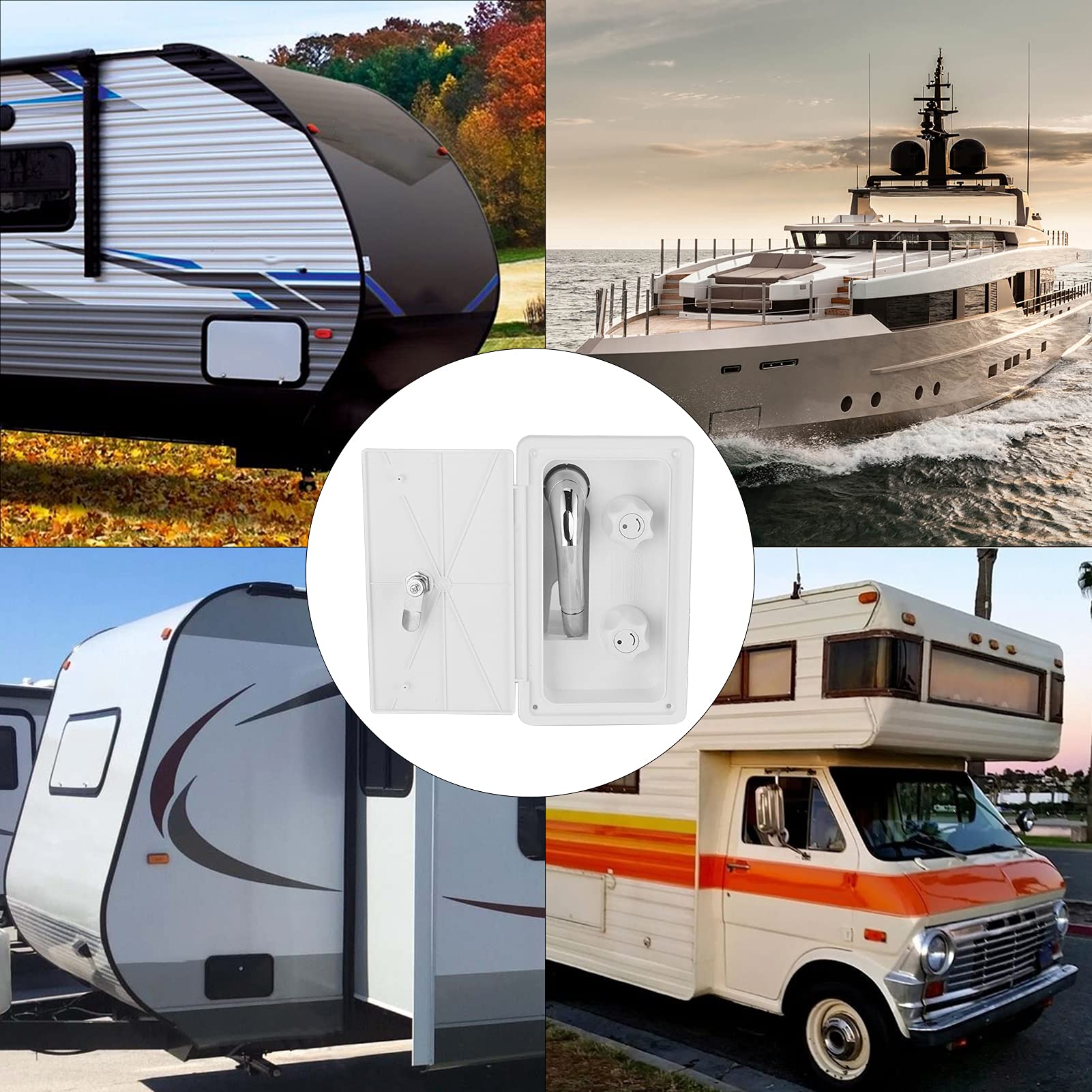 Caja de Ducha Exterior para Autocaravana – Válvula de Agua Fría y Caliente con Cabezal de Ducha y Manguera Metálica de 1.5m, Grifo para RV, Camper, Barco y Remolque