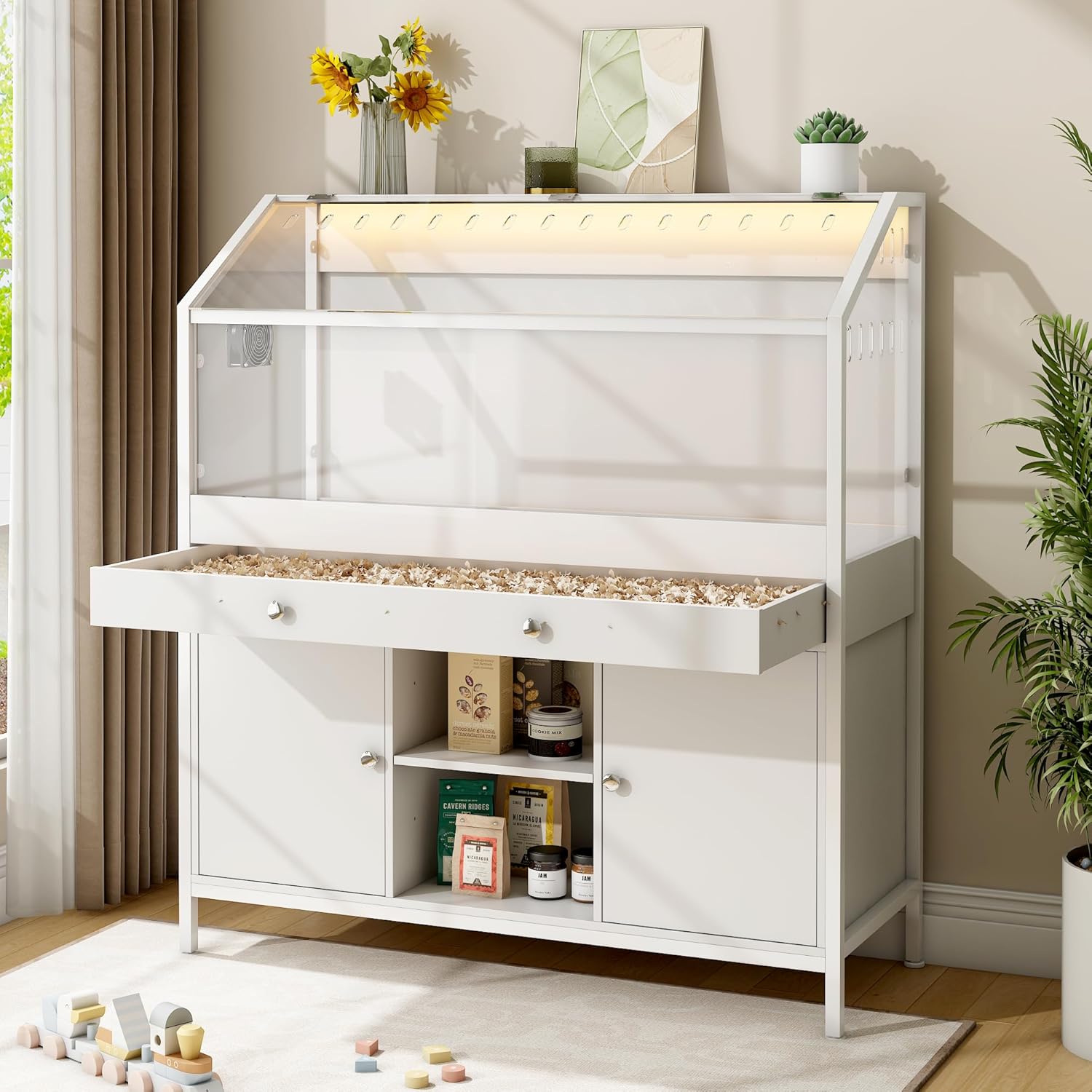 Large Hamster Cage with Storage Cabinet 2.0, 43.3“ Hamster Cages and Habitats with LED Lights and Fan, Easy View Acrylic Panel for Guinea Pig, Ferret, Rat, Hedgehog