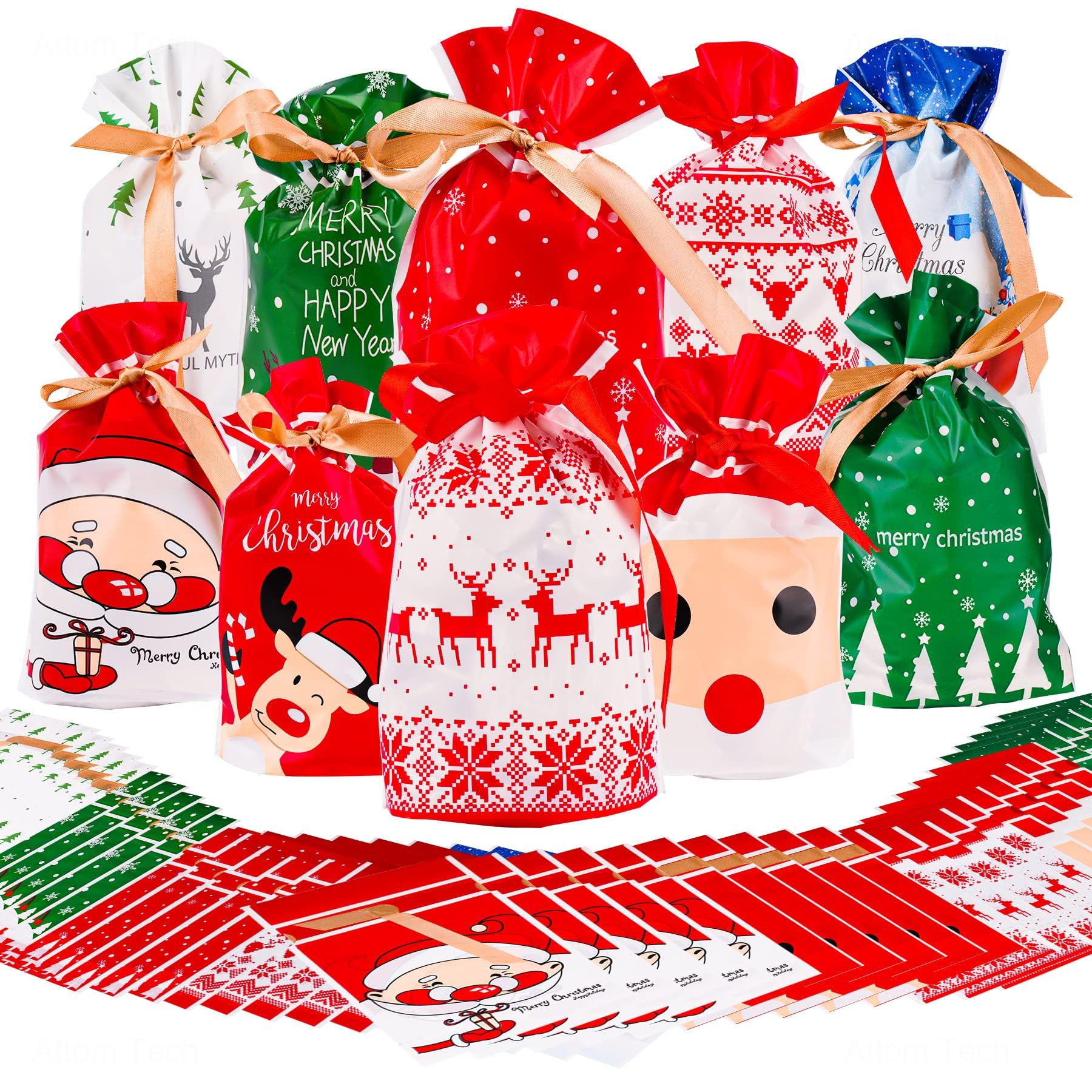 NEXCURIO 50 Pcs Christmas Candy Bags with 10 Designs - 5.9"x9" Plastic Drawstring Gift Bags for Festive Treats, Snacks and Party Favors during Holidays, Birthdays and Weddings