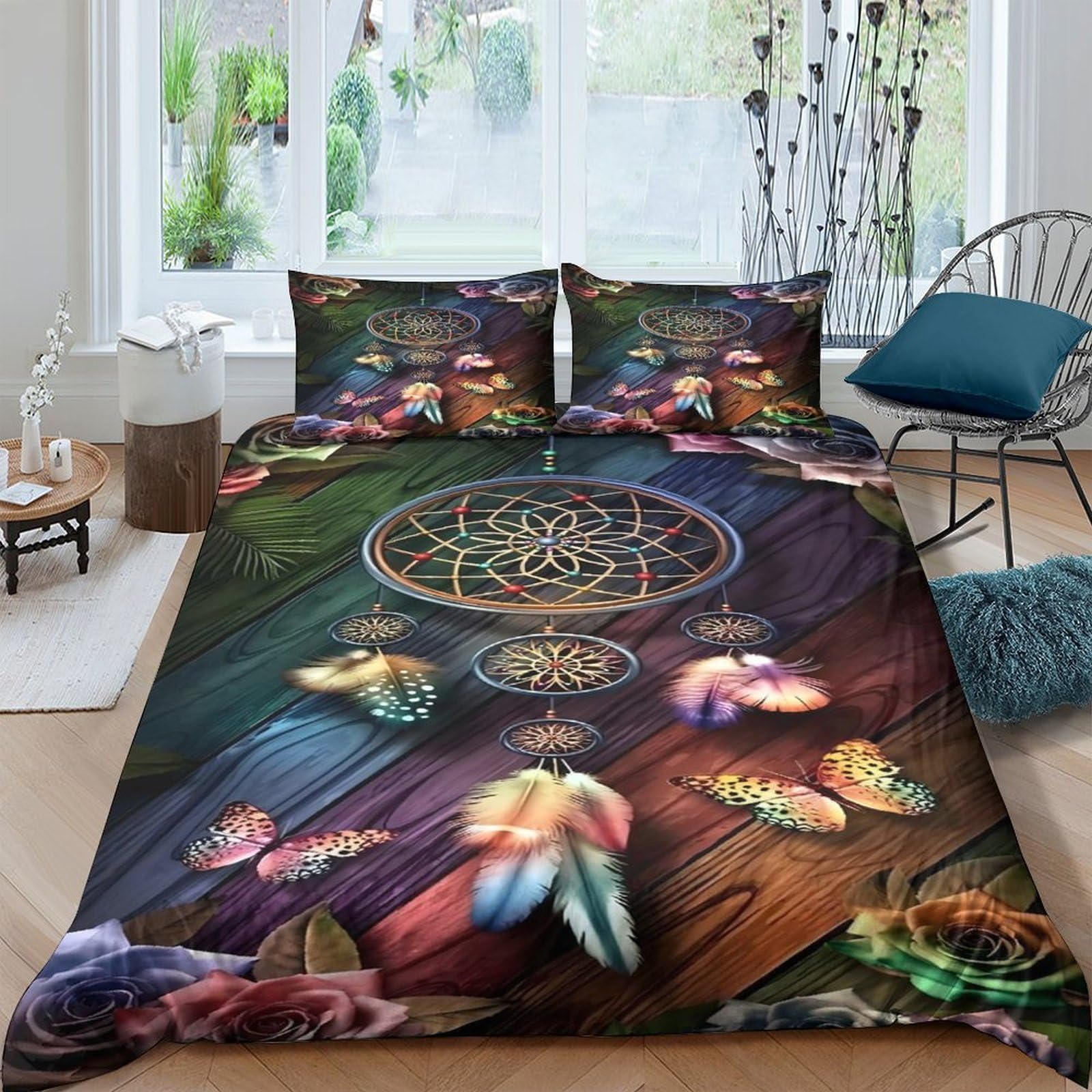 Ctjqhvkz Style-9 3D Printed Dreamcatcher Fitted Sheet Microfiber Colorful Feather Bed Cover For Bedroom Decor Mattress Protection Single（135X200cm）